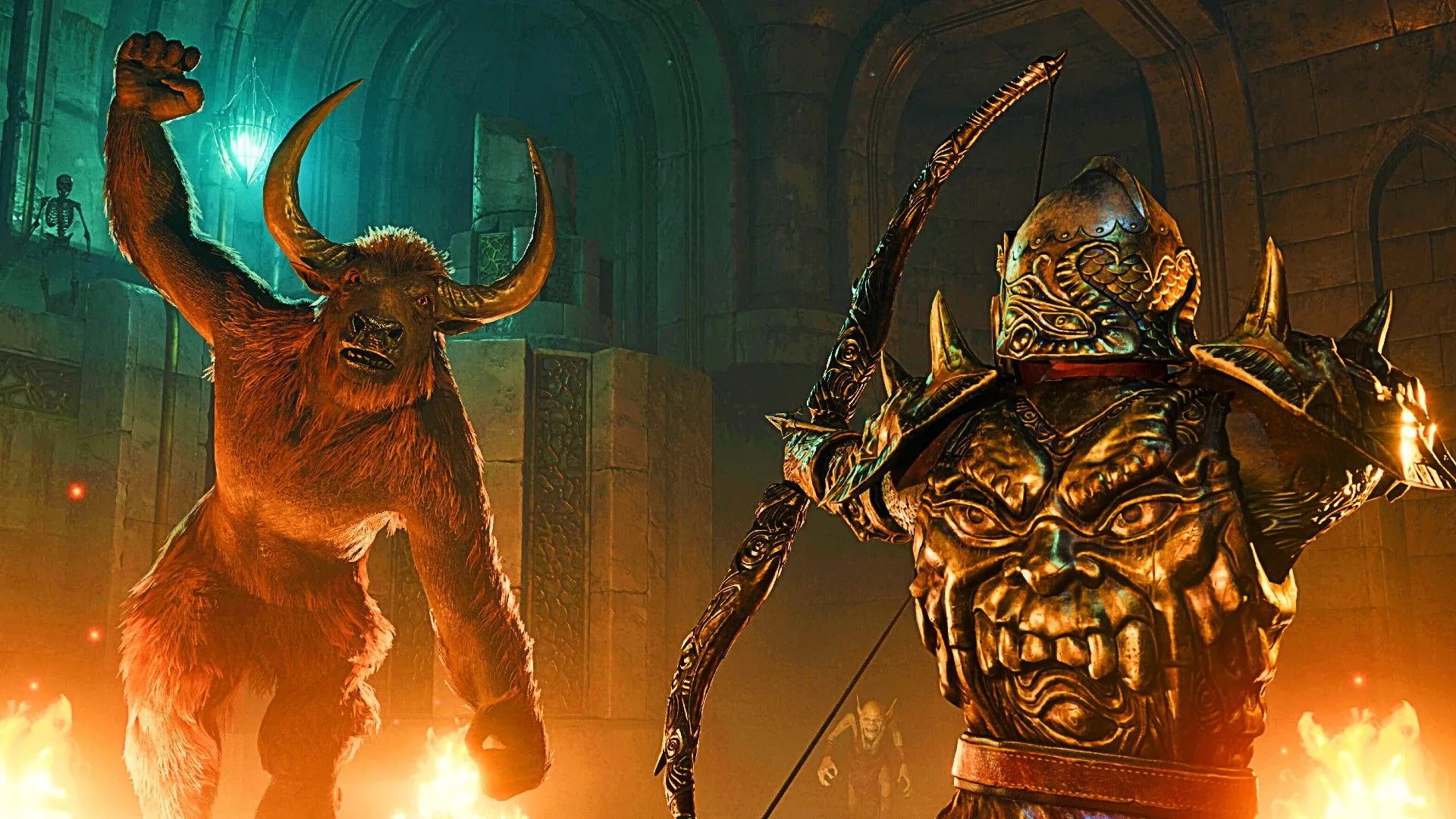 A player in full armor aiming their bow at a minotaur near fire in The Elder Scrolls IV Oblivion Remastered