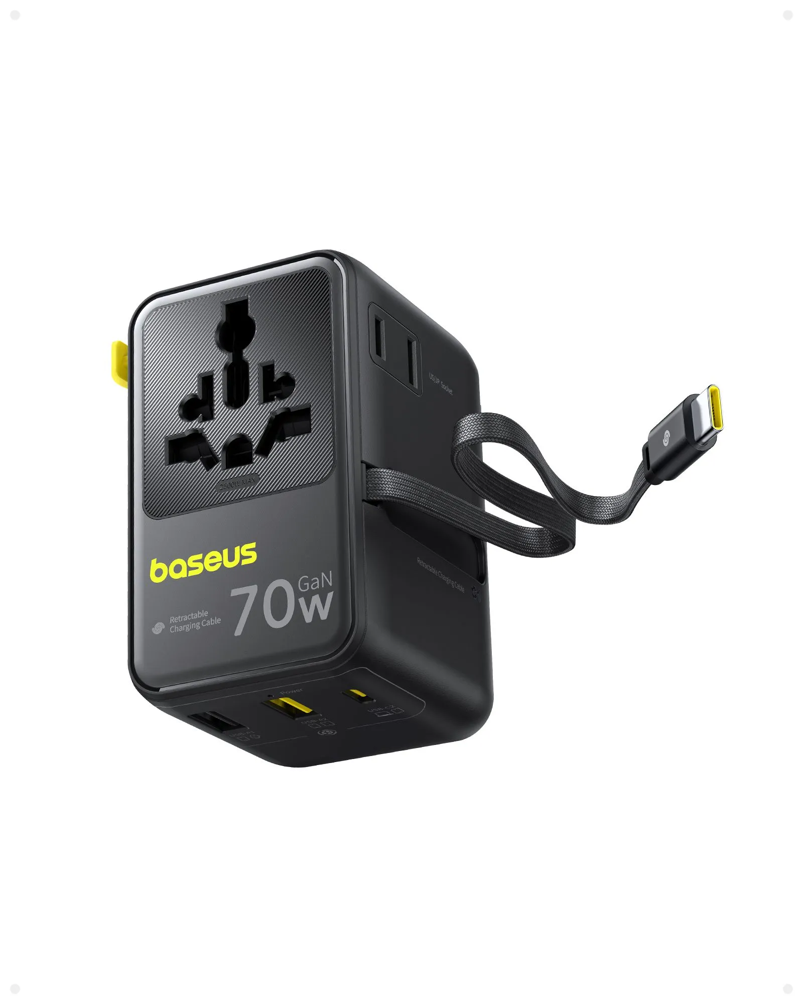 Adapter du lịch đa năng Baseus EnerCore 6-in-1 70W với cáp USB-C rút gọn.
