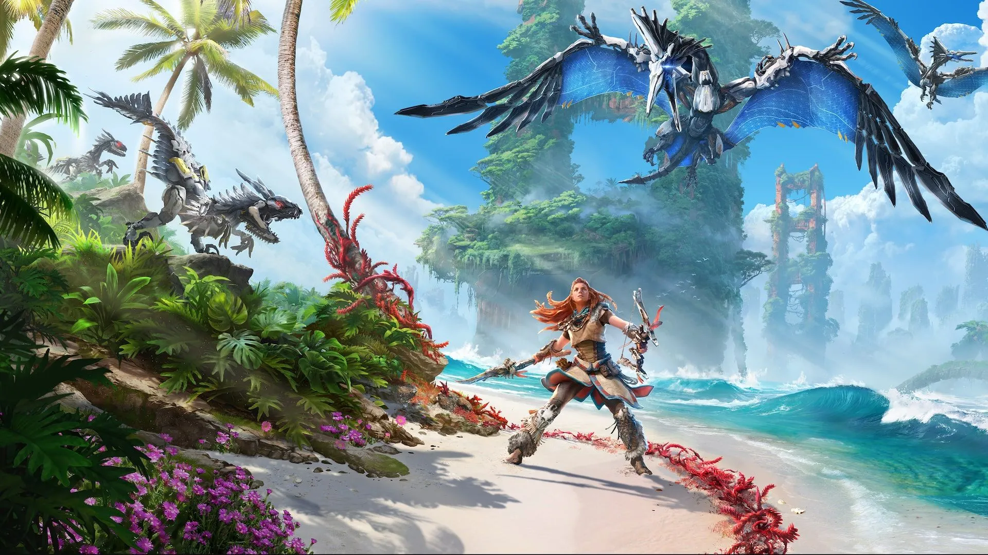 Aloy bị khủng long robot tiếp cận trong Horizon Forbidden West