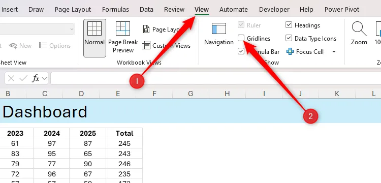 Ẩn đường lưới trong trang tính Excel qua thẻ View trên thanh Ribbon.