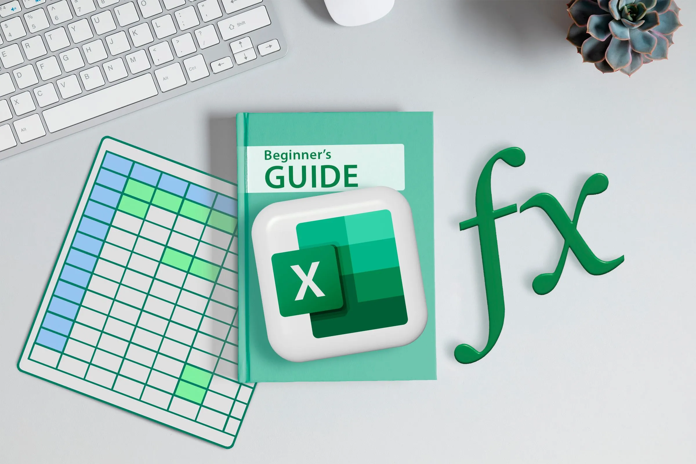 An office desk with a book featuring the Excel logo on the cover, a function icon next to it and a keyboard.