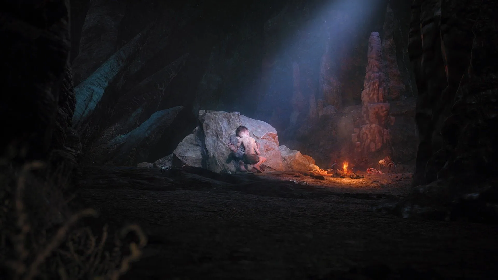 Ảnh chụp màn hình chính thức từ game Lord of the Rings Gollum, cho thấy nhân vật Gollum trong một môi trường game tối tăm và u ám, phản ánh đồ họa và thiết kế gây tranh cãi của trò chơi.