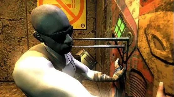 Ảnh chụp màn hình chính thức từ game Riddick Escape from Butcher Bay, cho thấy nhân vật chính Riddick trong một môi trường game u tối và chi tiết.
