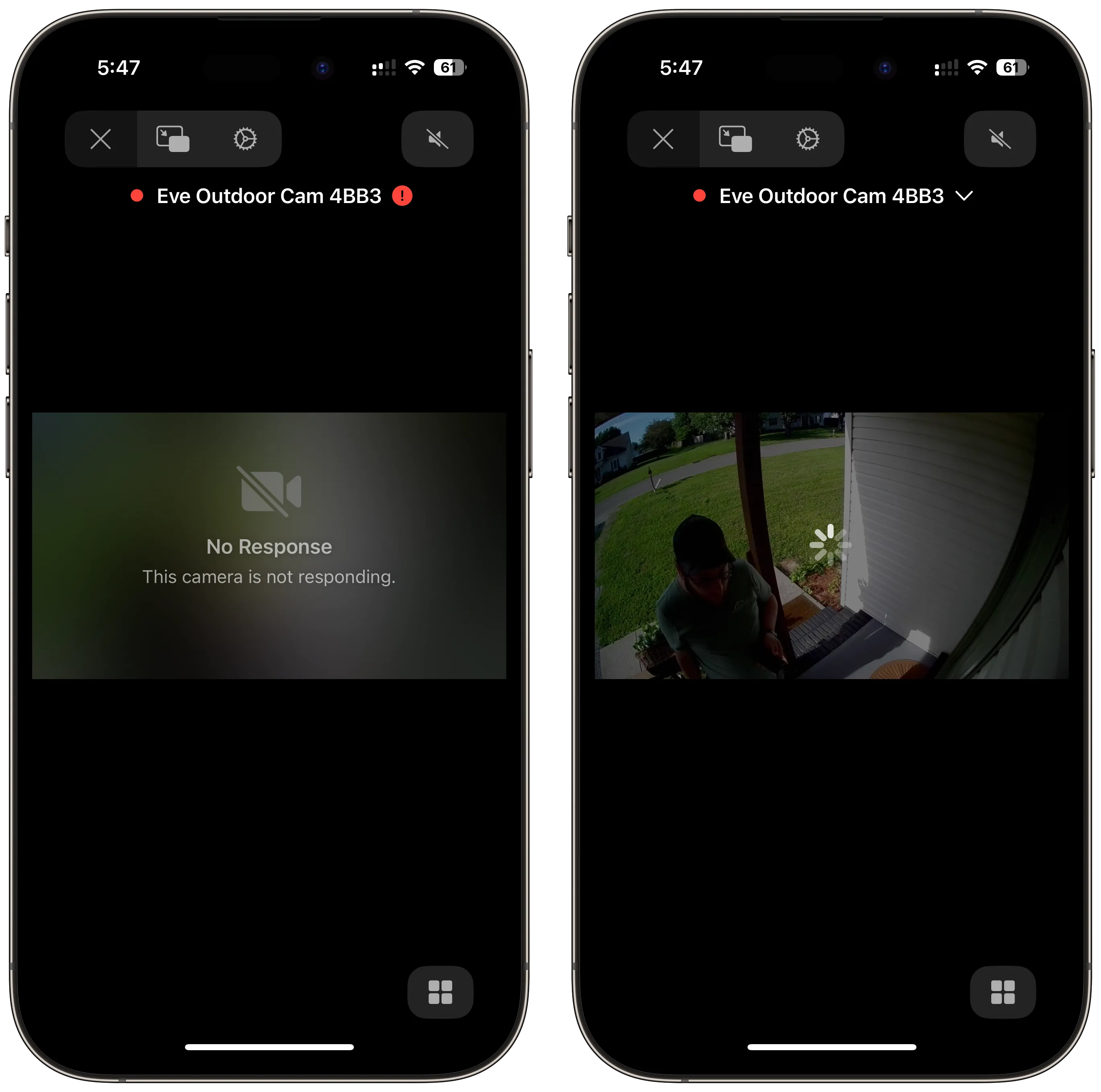 Ảnh chụp màn hình ứng dụng Apple Home hiển thị camera Eve Outdoor Cam gặp lỗi kết nối hoặc không ghi hình