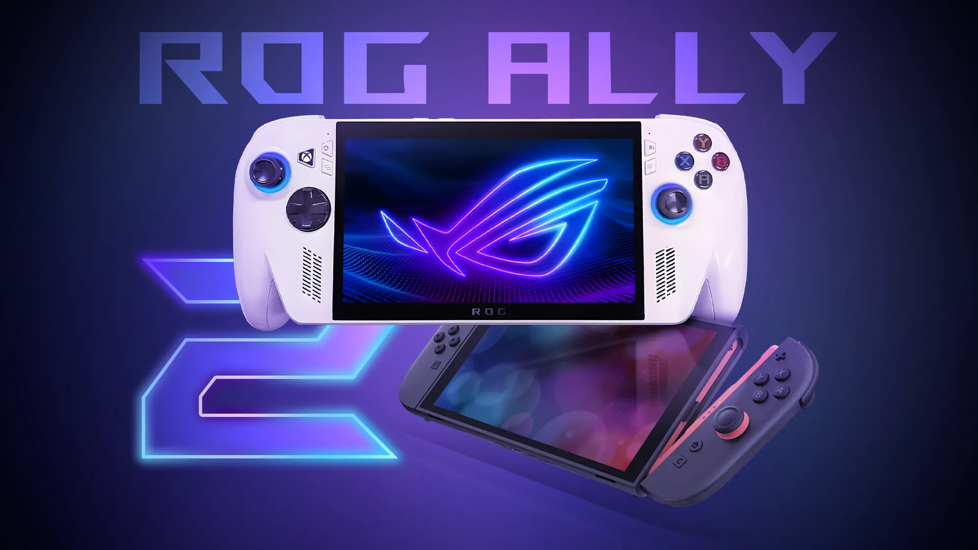Ảnh minh họa ROG Ally 2 và Nintendo Switch 2, tượng trưng cho sự đa dạng và cạnh tranh trong thị trường thiết bị chơi game cầm tay.