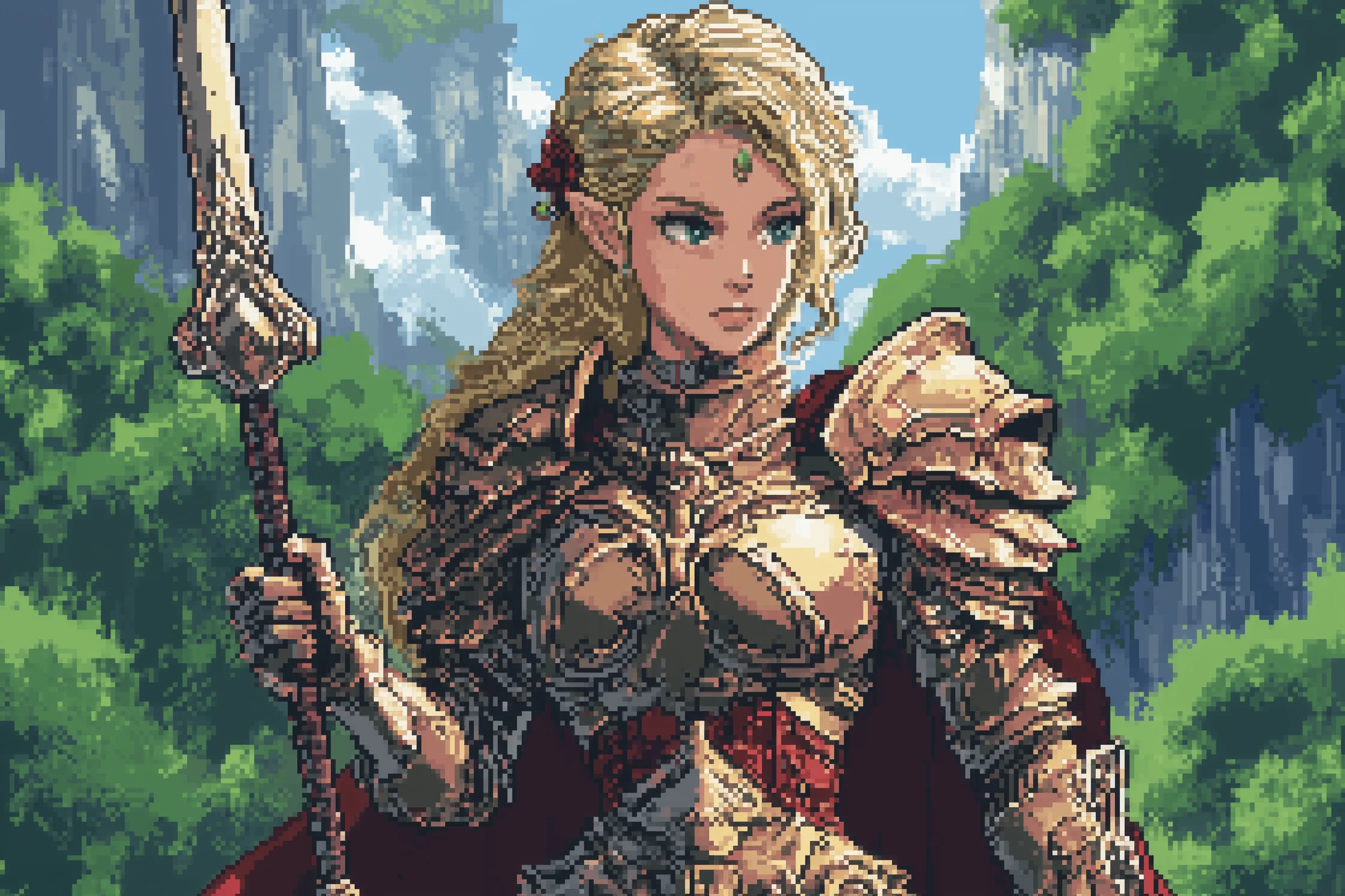 Ảnh pixel art của một chiến binh yêu tinh với bộ giáp lộng lẫy, minh họa cho tùy biến nhân vật trong game.