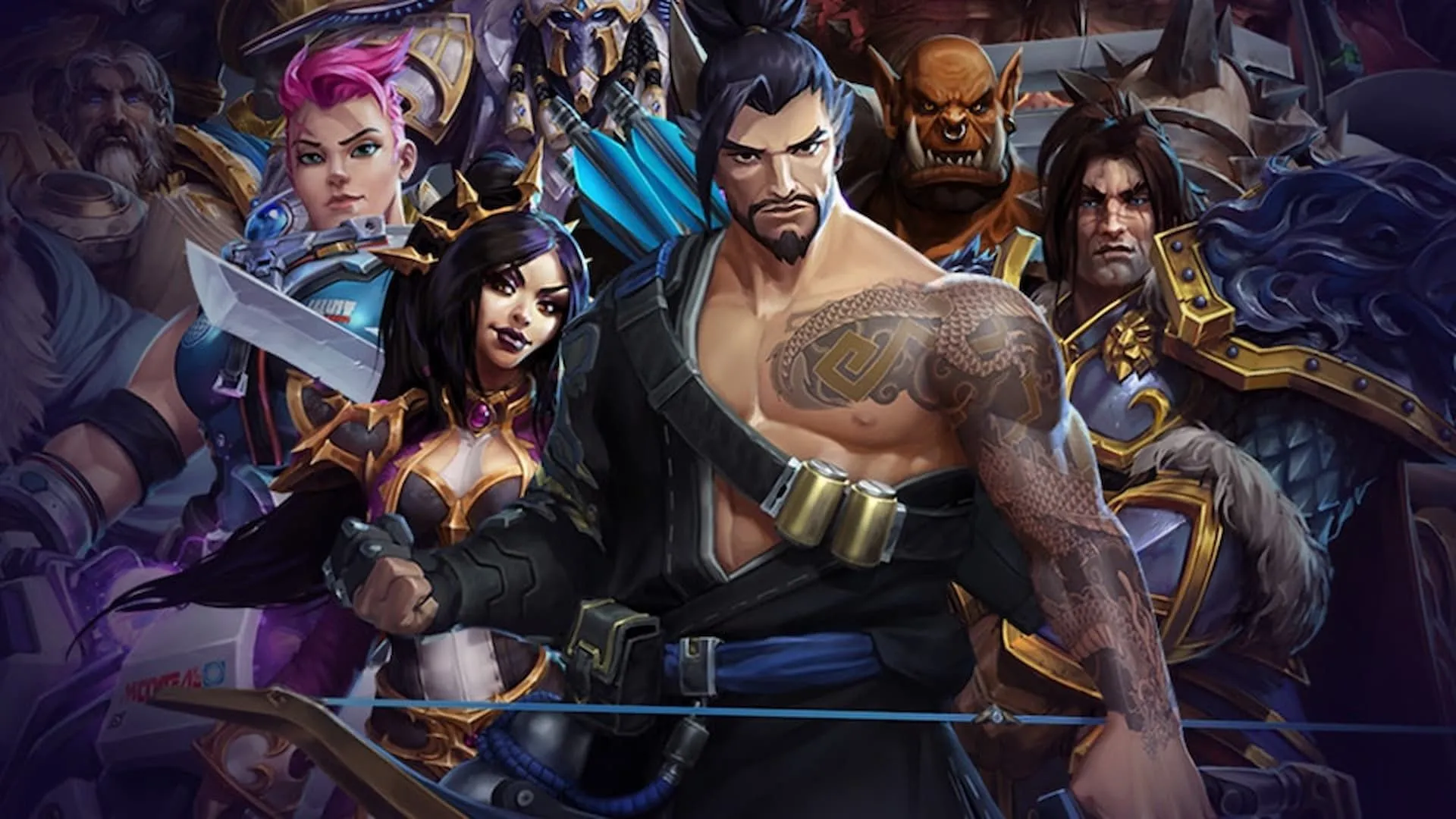 Artwork tổng hợp nhiều nhân vật biểu tượng của Blizzard trong game MOBA Heroes of the Storm