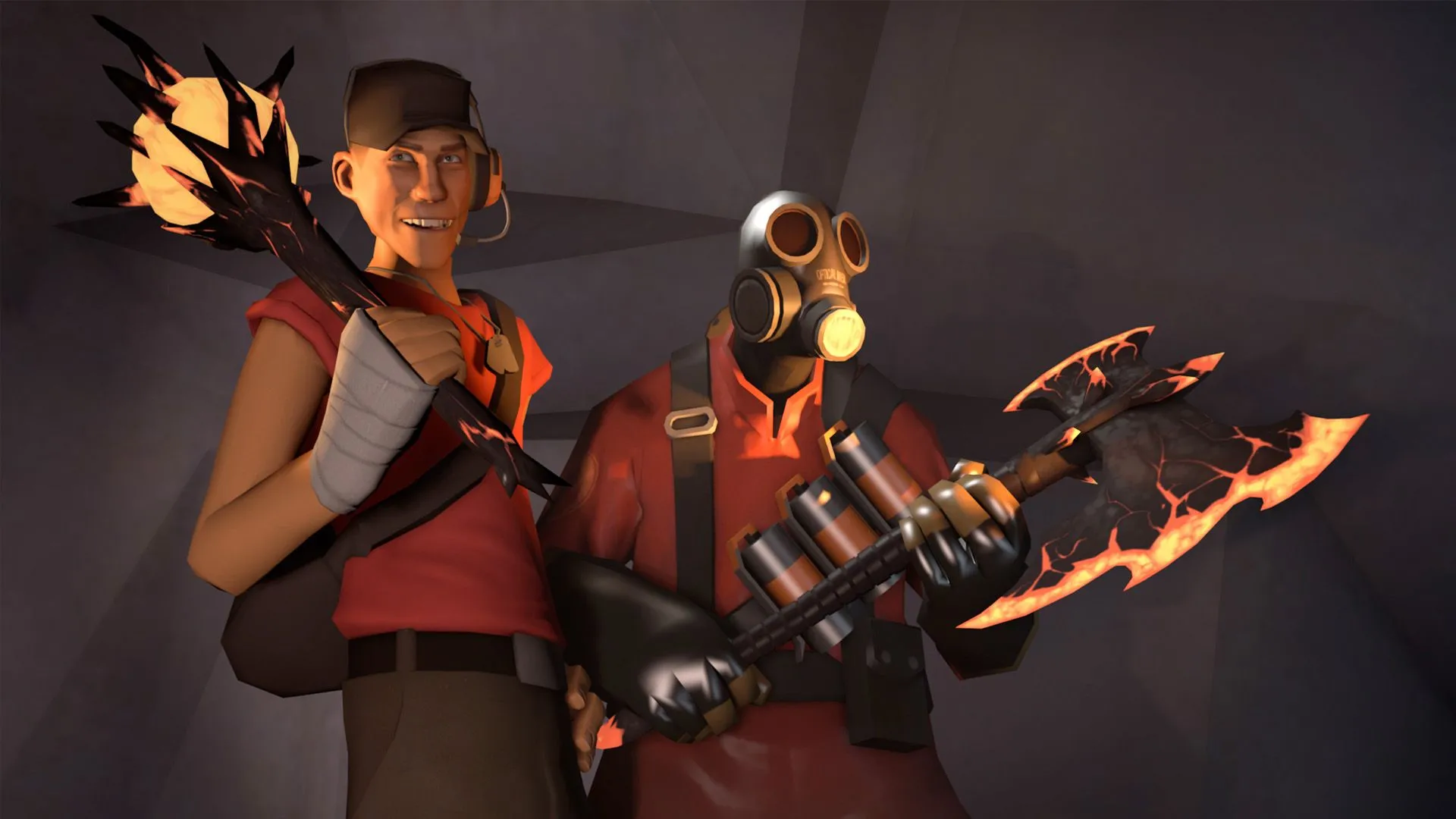 Ba nhân vật hoạt hình từ trò chơi Team Fortress 2 đang đứng cùng nhau, mỗi người một lớp nhân vật khác nhau.