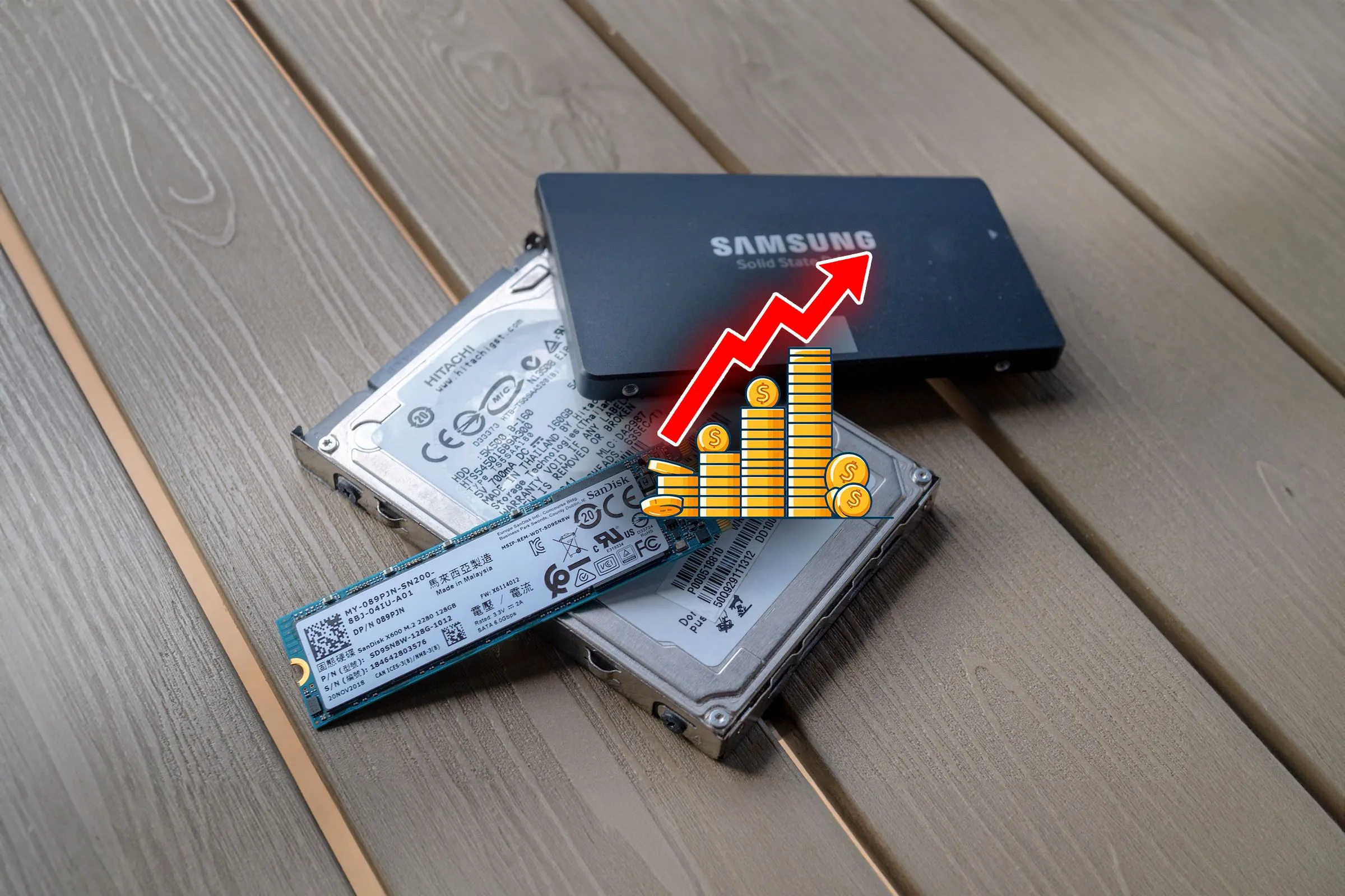 Ba ổ cứng HDD đặt trên bề mặt gỗ cùng biểu đồ thể hiện sự tăng giá.