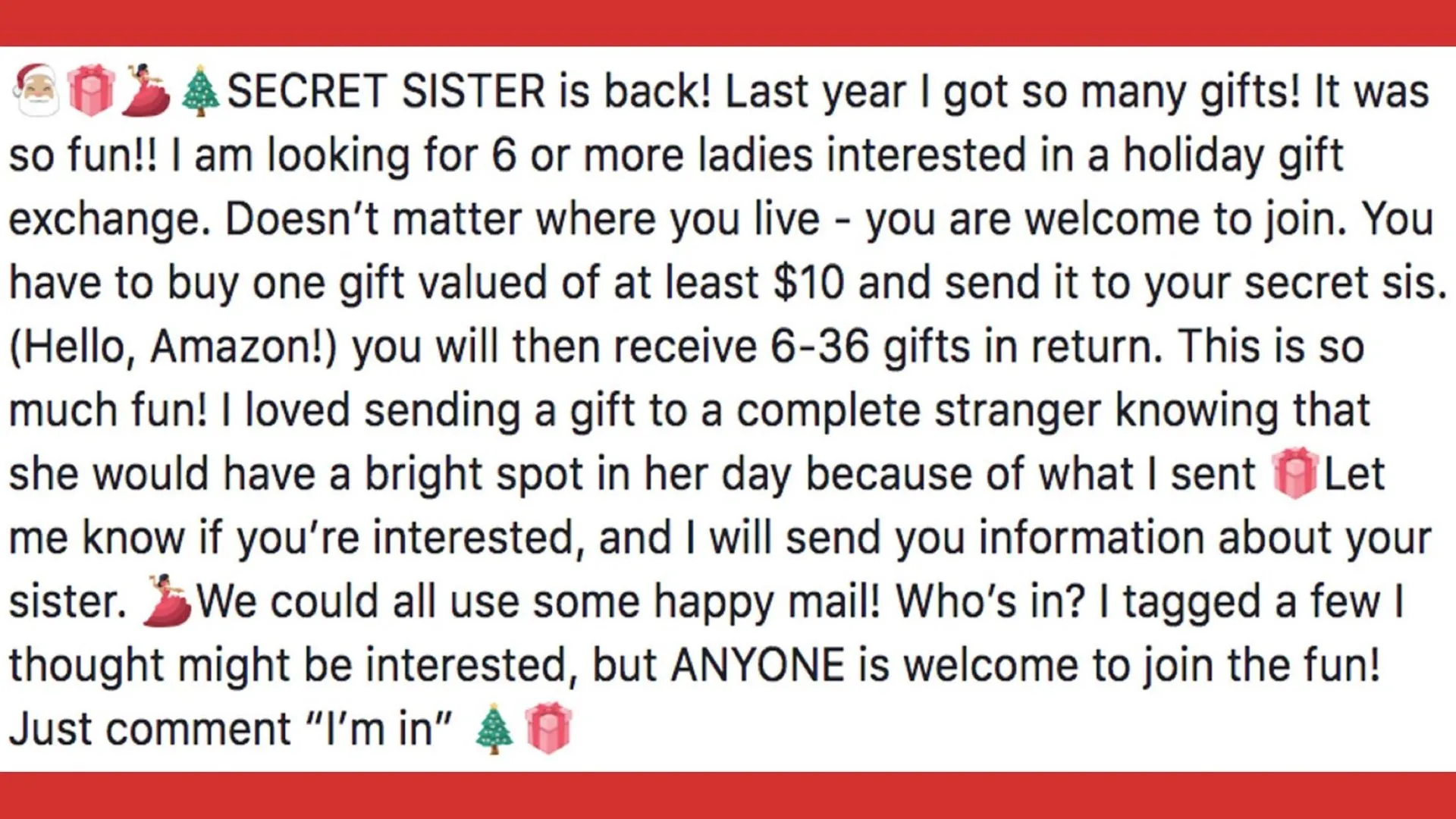 Bài đăng trên Facebook quảng bá chiêu trò lừa đảo &quot;Secret Sister&quot; dưới dạng trao đổi quà