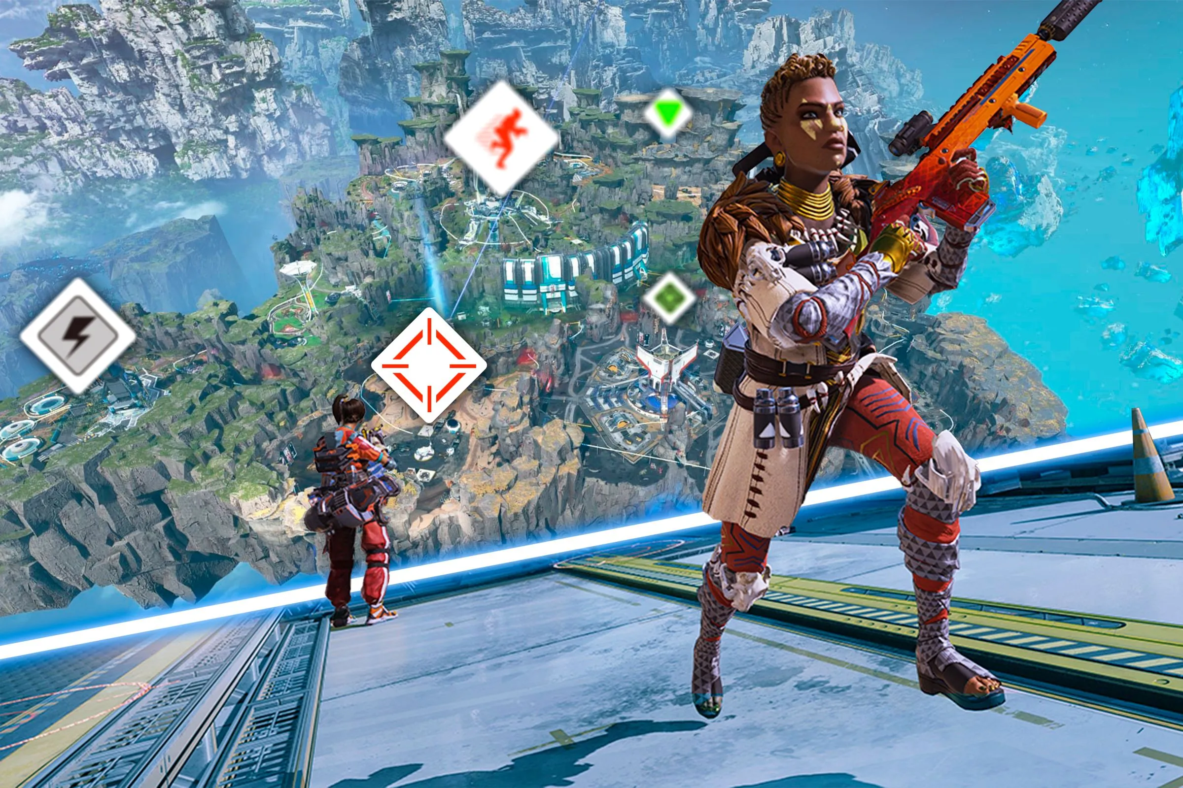 Bản đồ và cảnh giao tranh trong Apex Legends, cho thấy hệ thống ping cải tiến giúp đồng đội dễ dàng phối hợp.