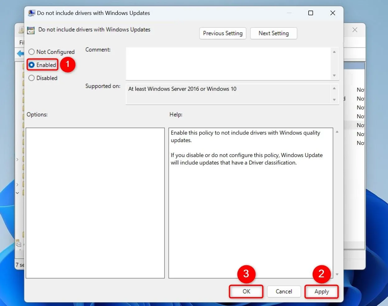 Bật chính sách &quot;Do Not Include Drivers With Windows Updates&quot; trong Group Policy Editor