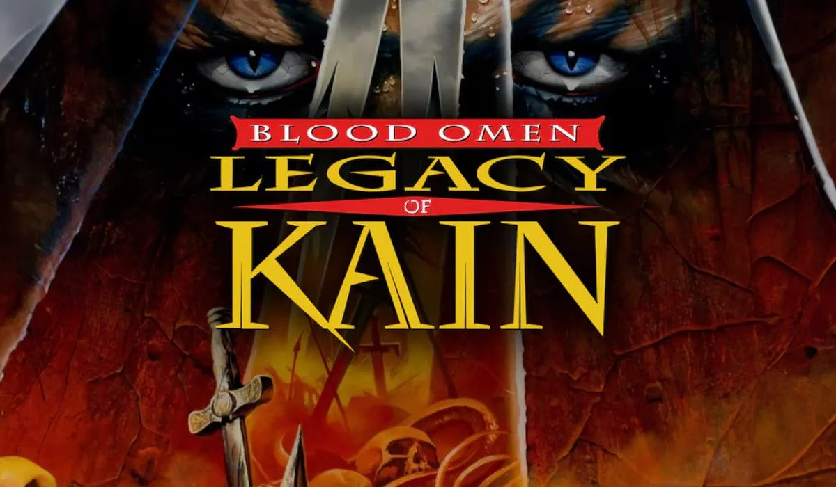Bìa đĩa game Blood Omen: Legacy of Kain, với hình ảnh Kain trong hình dạng ma cà rồng đầy quyền năng.