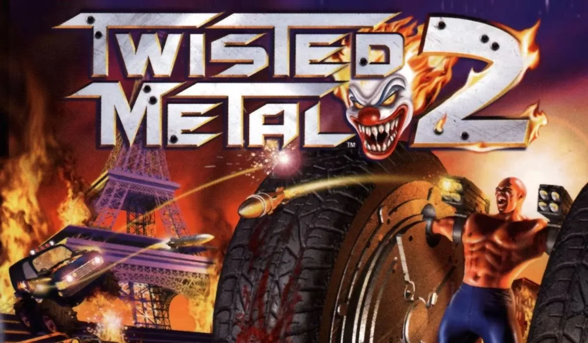 Bìa đĩa game Twisted Metal 2, hiển thị cảnh hỗn loạn của các phương tiện chiến đấu bị vũ khí hóa.
