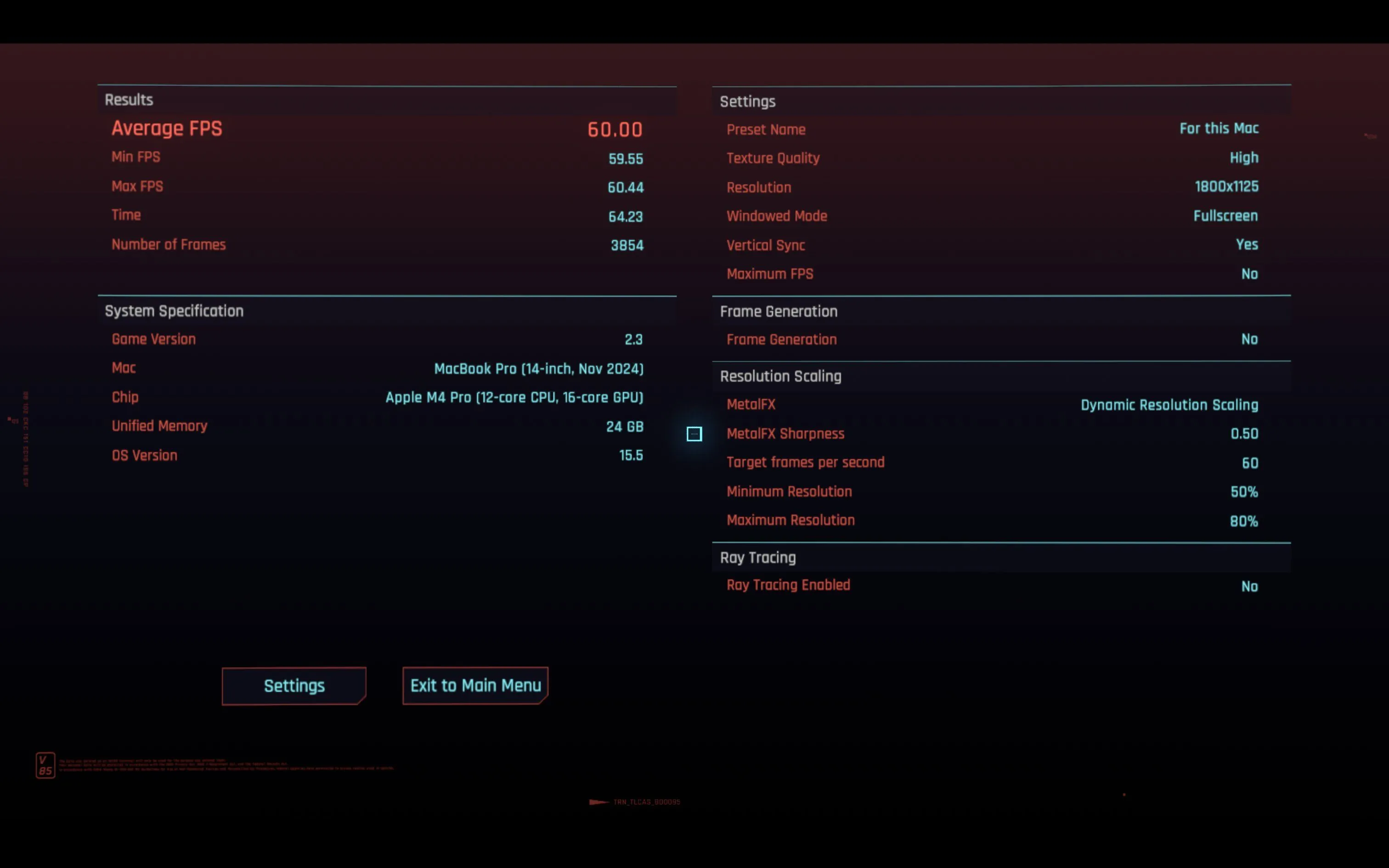 Biểu đồ kết quả benchmark Cyberpunk 2077 trên Mac với preset &quot;For this Mac&quot;, cho thấy hiệu suất khung hình ổn định.