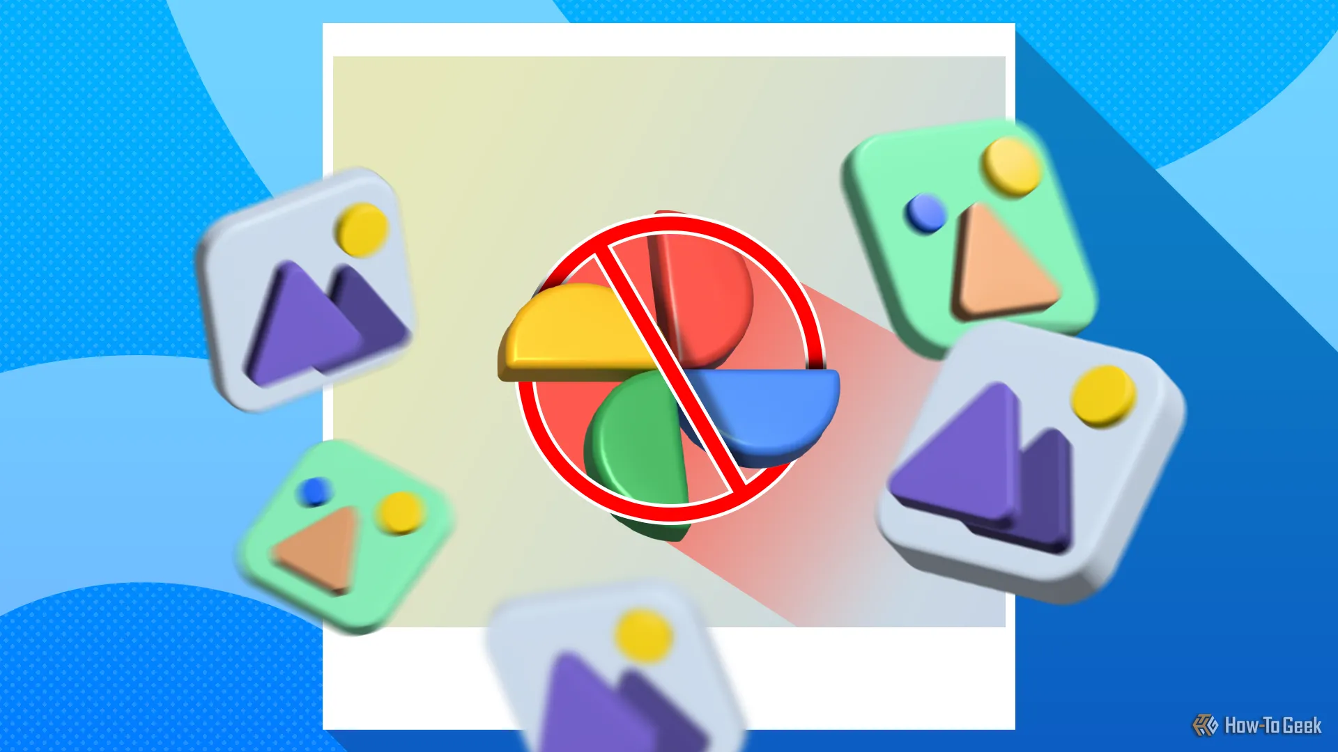 Biểu tượng Google Photos bị gạch chéo, xung quanh là các ảnh đại diện, thể hiện việc không còn sử dụng dịch vụ