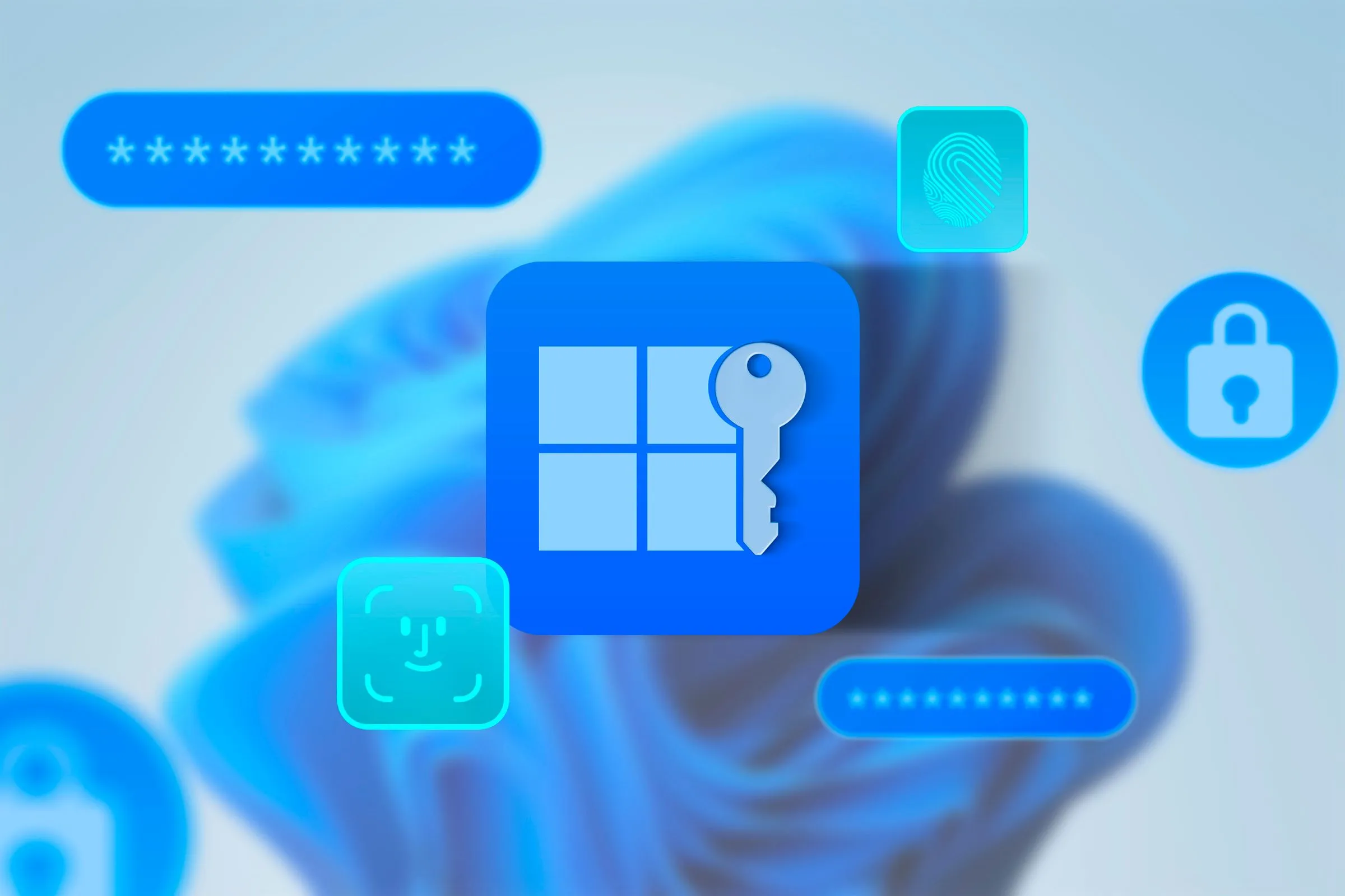 Biểu tượng Windows 11 cùng khóa bảo mật và các hình ảnh liên quan mật khẩu, nhận diện khuôn mặt