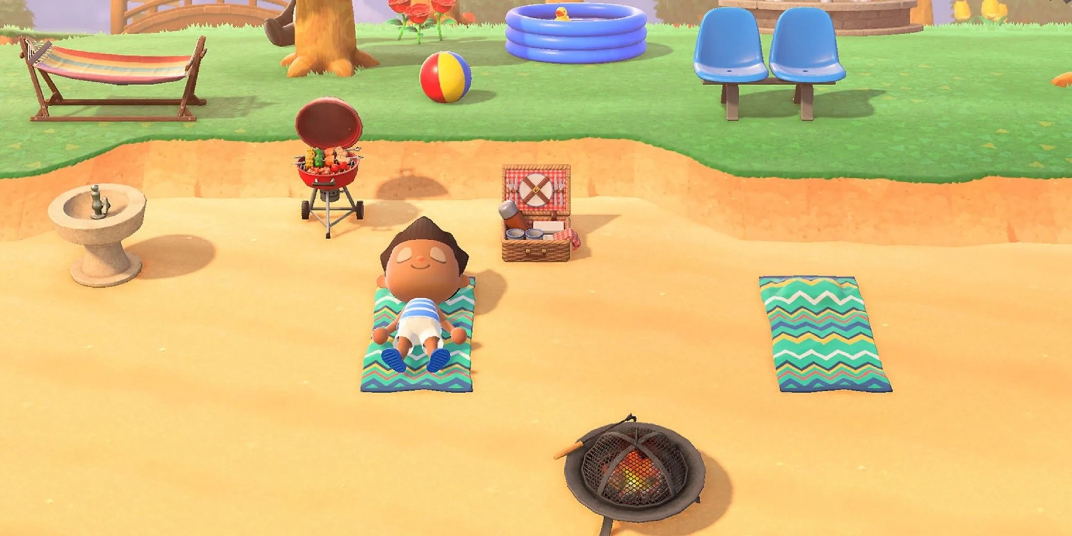 Bờ biển đẹp với cây cối và đồ trang trí trong game Animal Crossing New Horizons