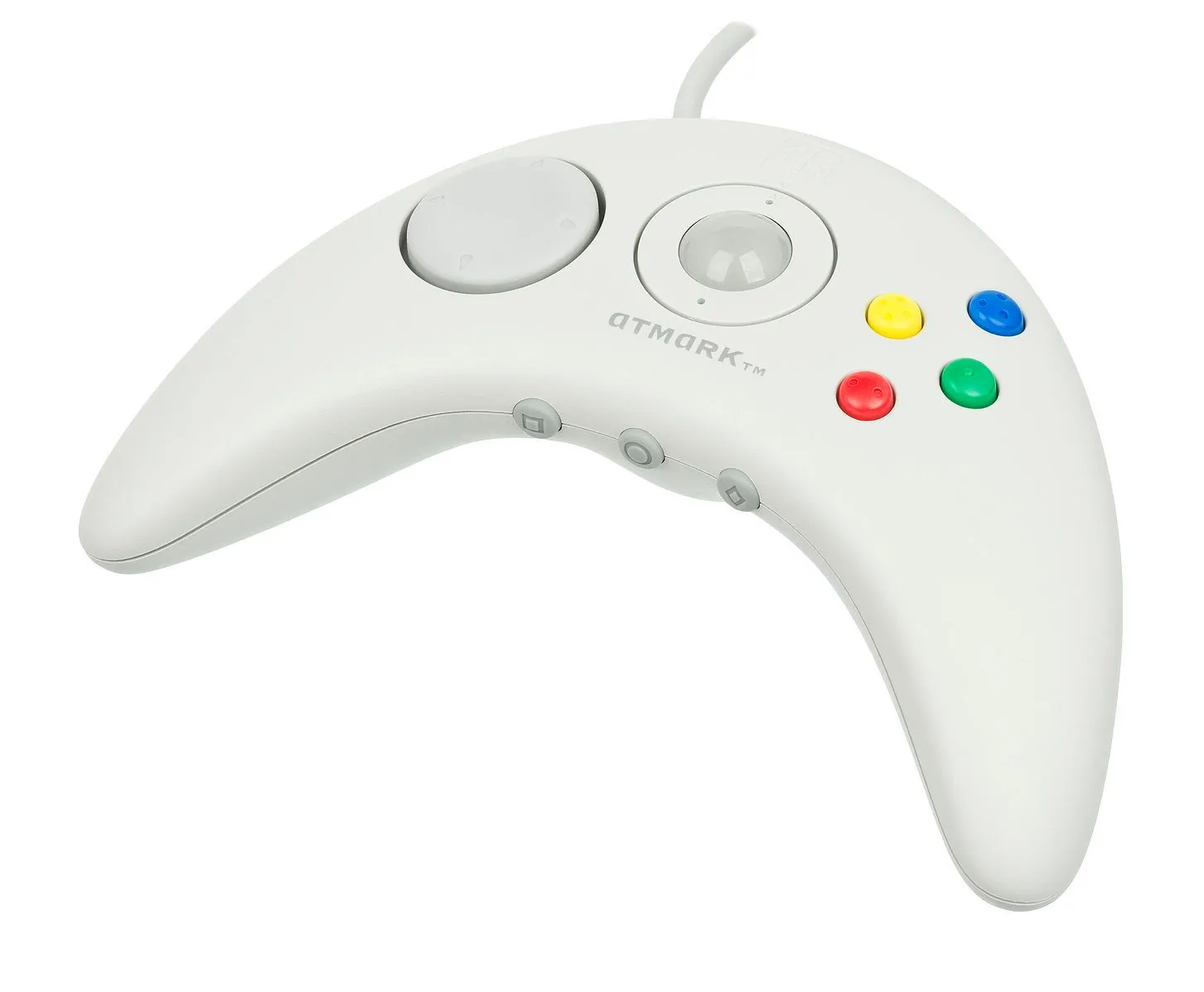 Bộ điều khiển Apple Bandai Pippin hình boomerang với bi lăn trung tâm.