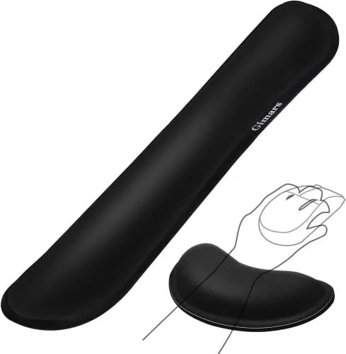 Bộ kê cổ tay và chuột bằng gel memory foam màu đen trên nền trắng, thể hiện sự tiện lợi và thoải mái.