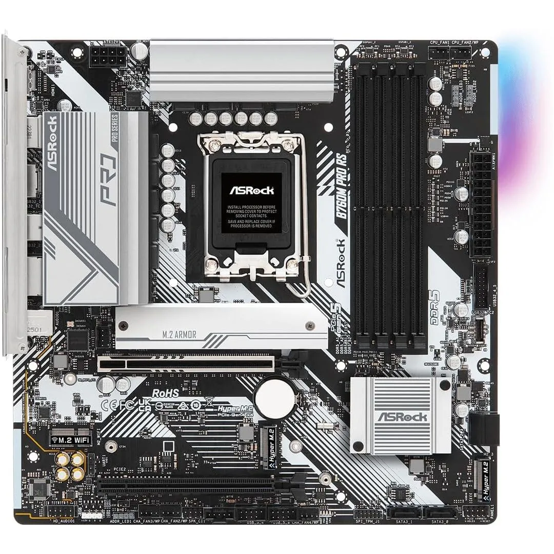 Bo mạch chủ ASRock B760M Pro RS với các khe cắm RAM DDR5, khe PCIe và cổng SATA, cho thấy khả năng hỗ trợ các CPU Intel thế hệ mới và nhiều tùy chọn lưu trữ cho một hệ thống NAS hiện đại.
