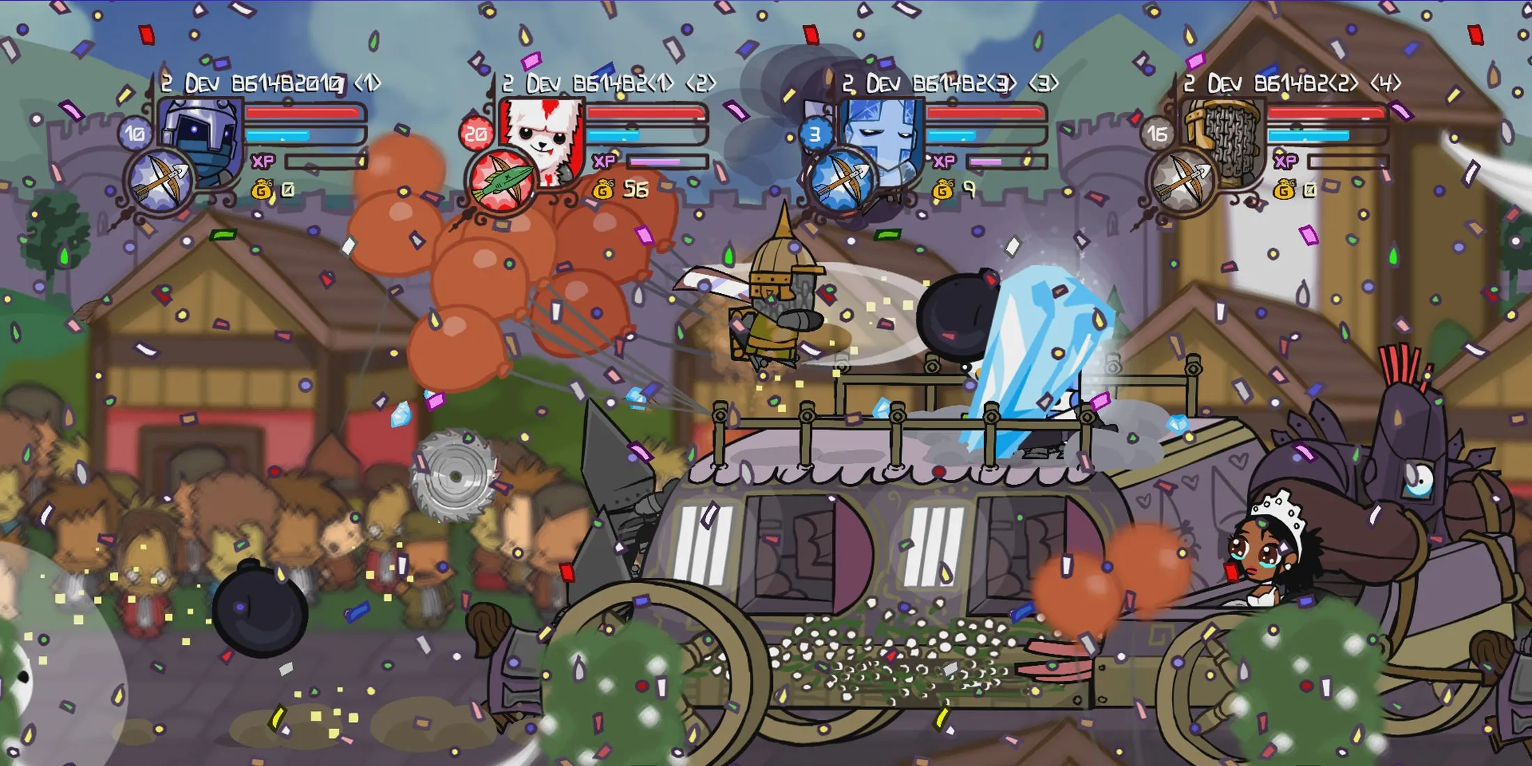 Bốn hiệp sĩ từ game Castle Crashers đang chiến đấu chống lại một đám kẻ thù trong một cảnh hành động chặt chém 2D đầy màu sắc.