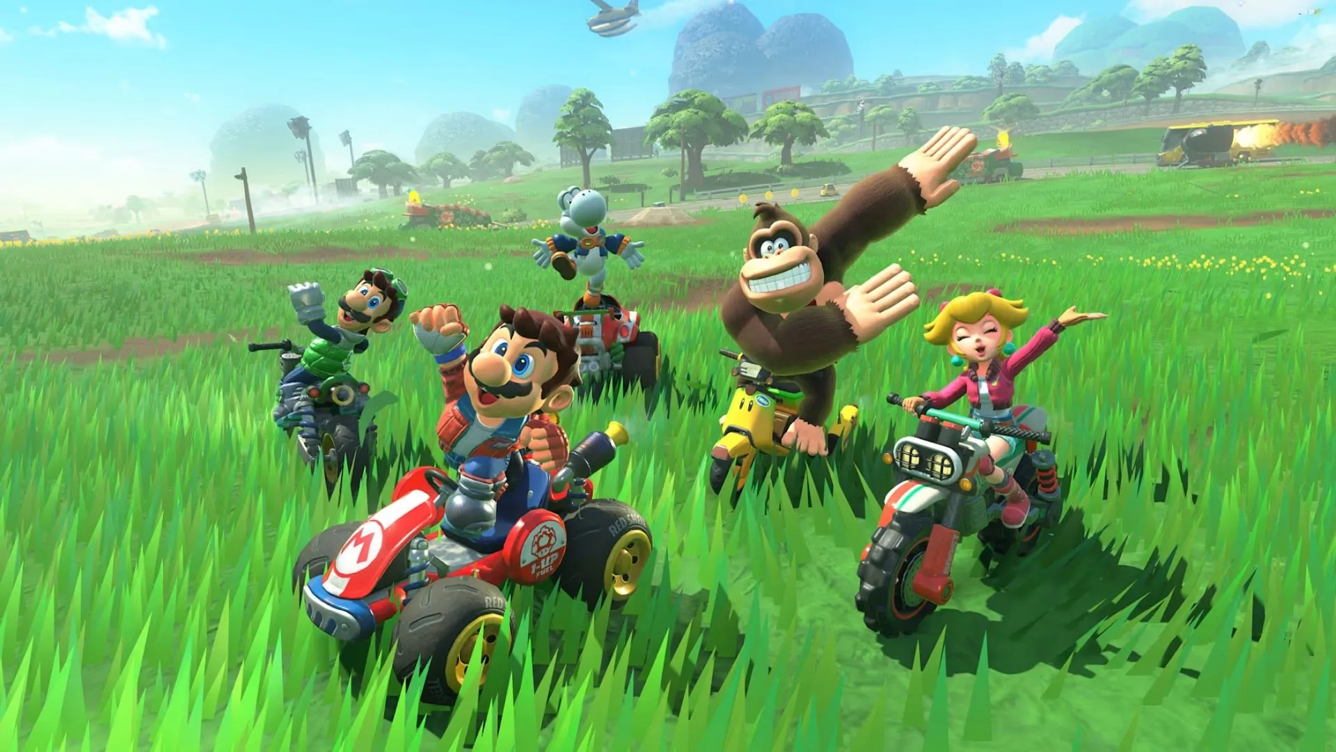 Bowser và Donkey Kong trong xe đua trên đường đua địa hình của Mario Kart World