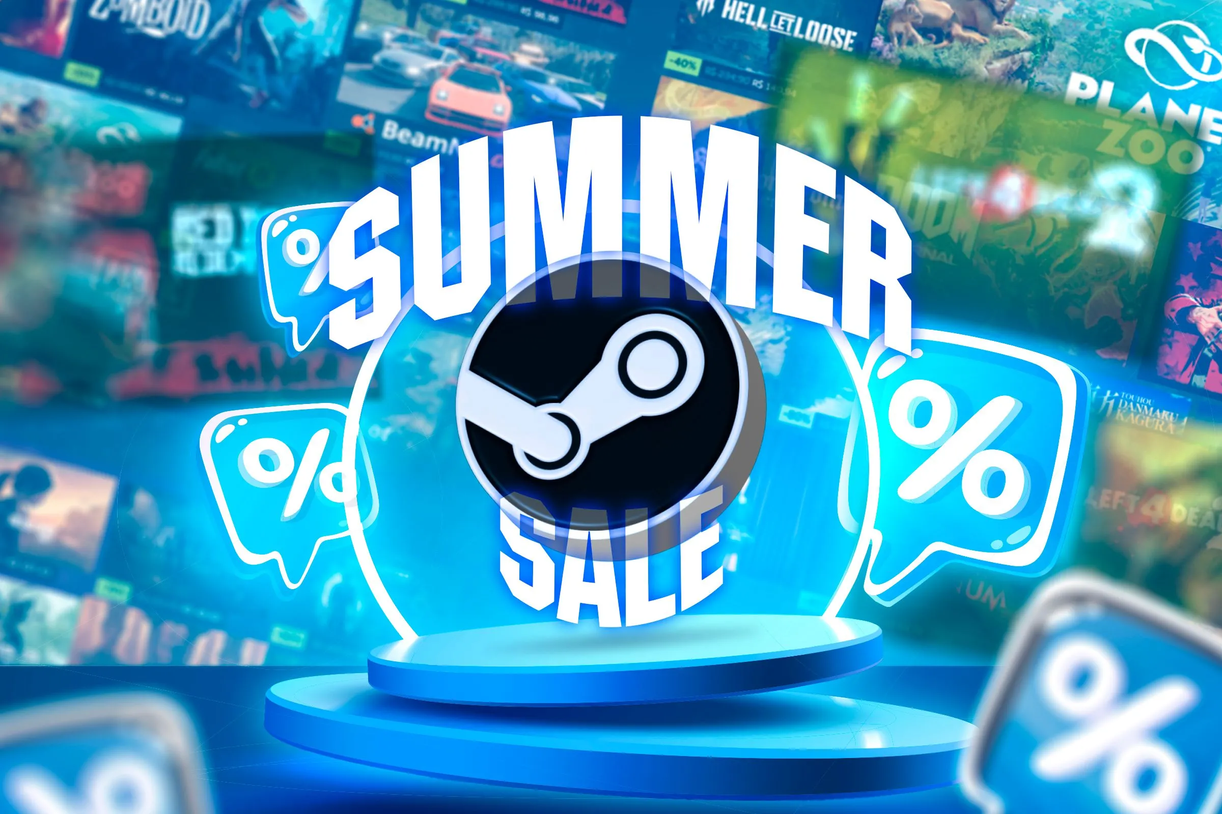 Bục biểu tượng Steam surrounded by sale icons and games on sale, minh họa các chương trình giảm giá hấp dẫn của cửa hàng game kỹ thuật số.