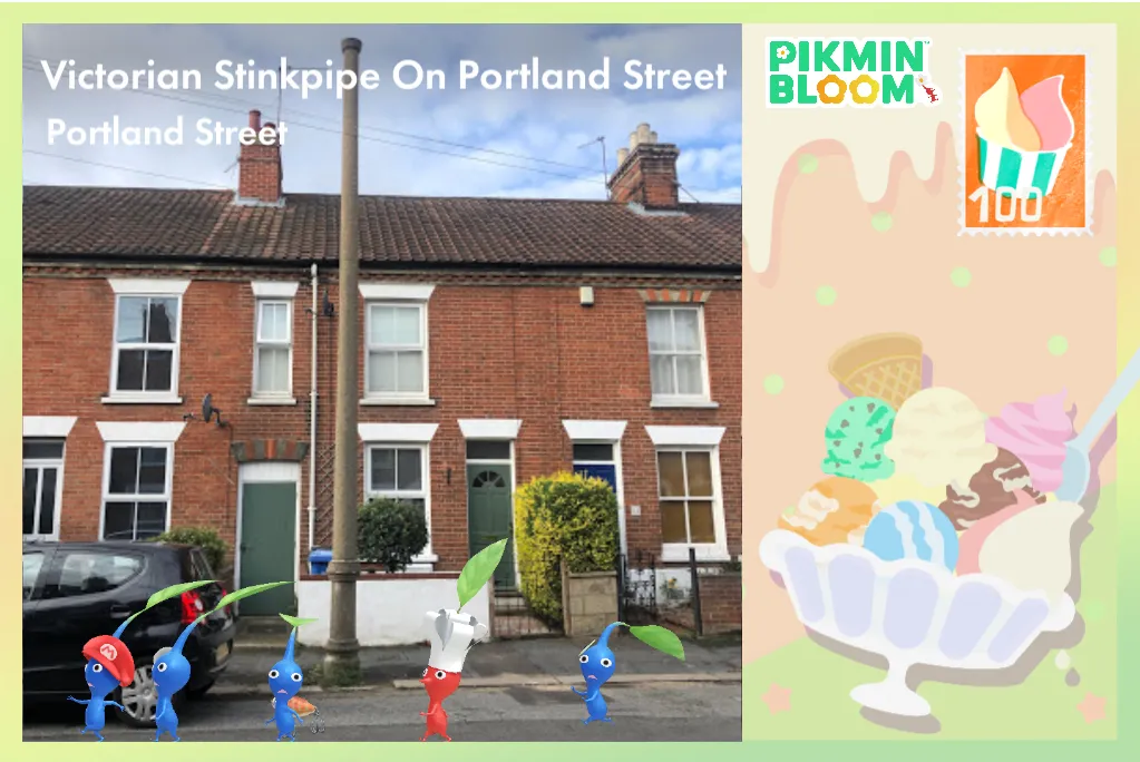 Bưu thiếp trong Pikmin Bloom với kem Sundae, các nhân vật Pikmin và một con đường dân cư cùng ống đứng lớn.