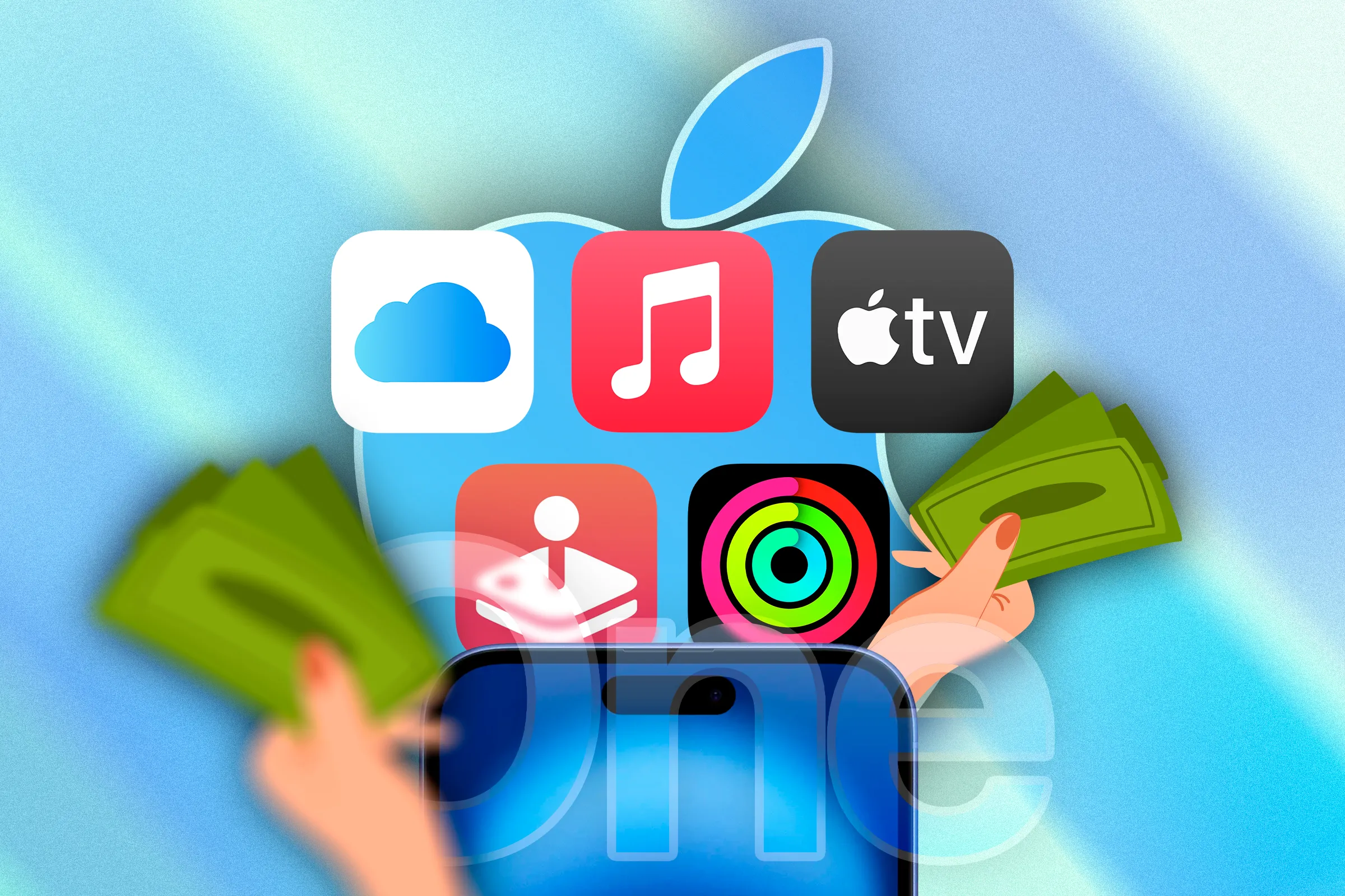 Các biểu tượng ứng dụng Apple One và hình ảnh minh họa một bàn tay cầm tiền mặt