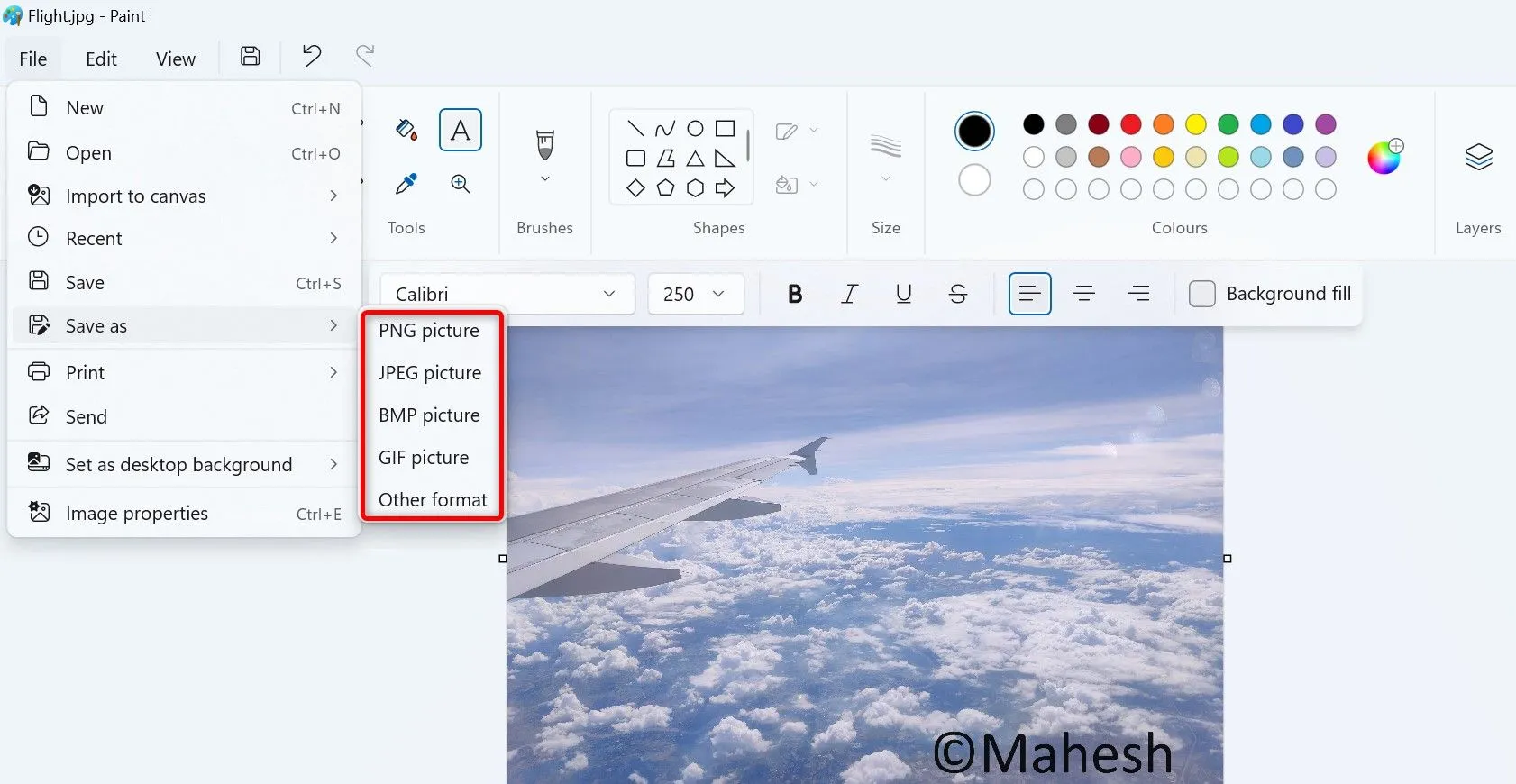 Các định dạng lưu ảnh phổ biến như PNG, JPEG, GIF được đánh dấu trong hộp thoại Lưu dưới của Paint.
