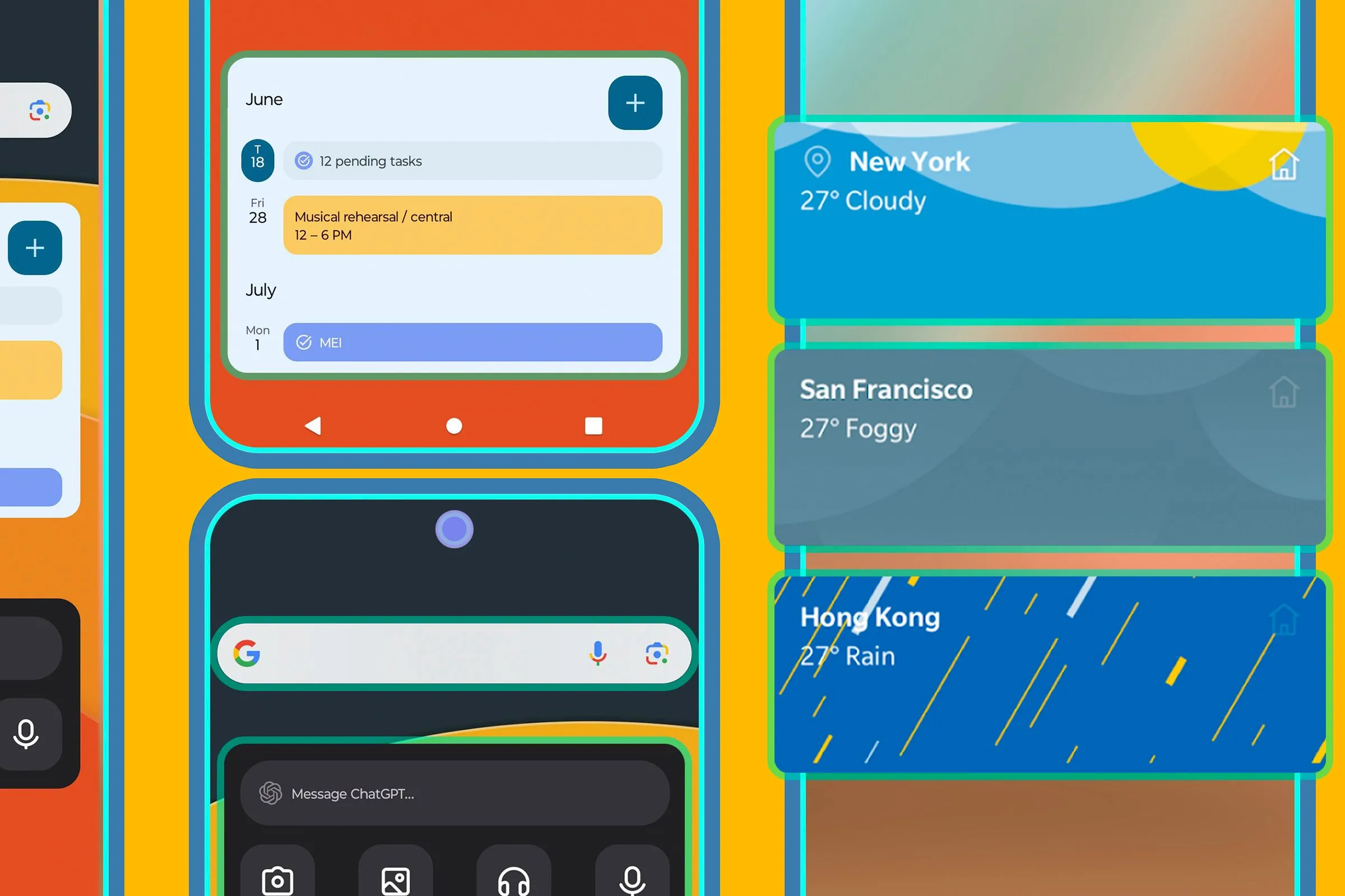 Các màn hình điện thoại Android khác nhau hiển thị nhiều loại widget tiện ích, từ lịch, thời tiết đến ghi chú, cho thấy sự đa dạng của widget trên di động.