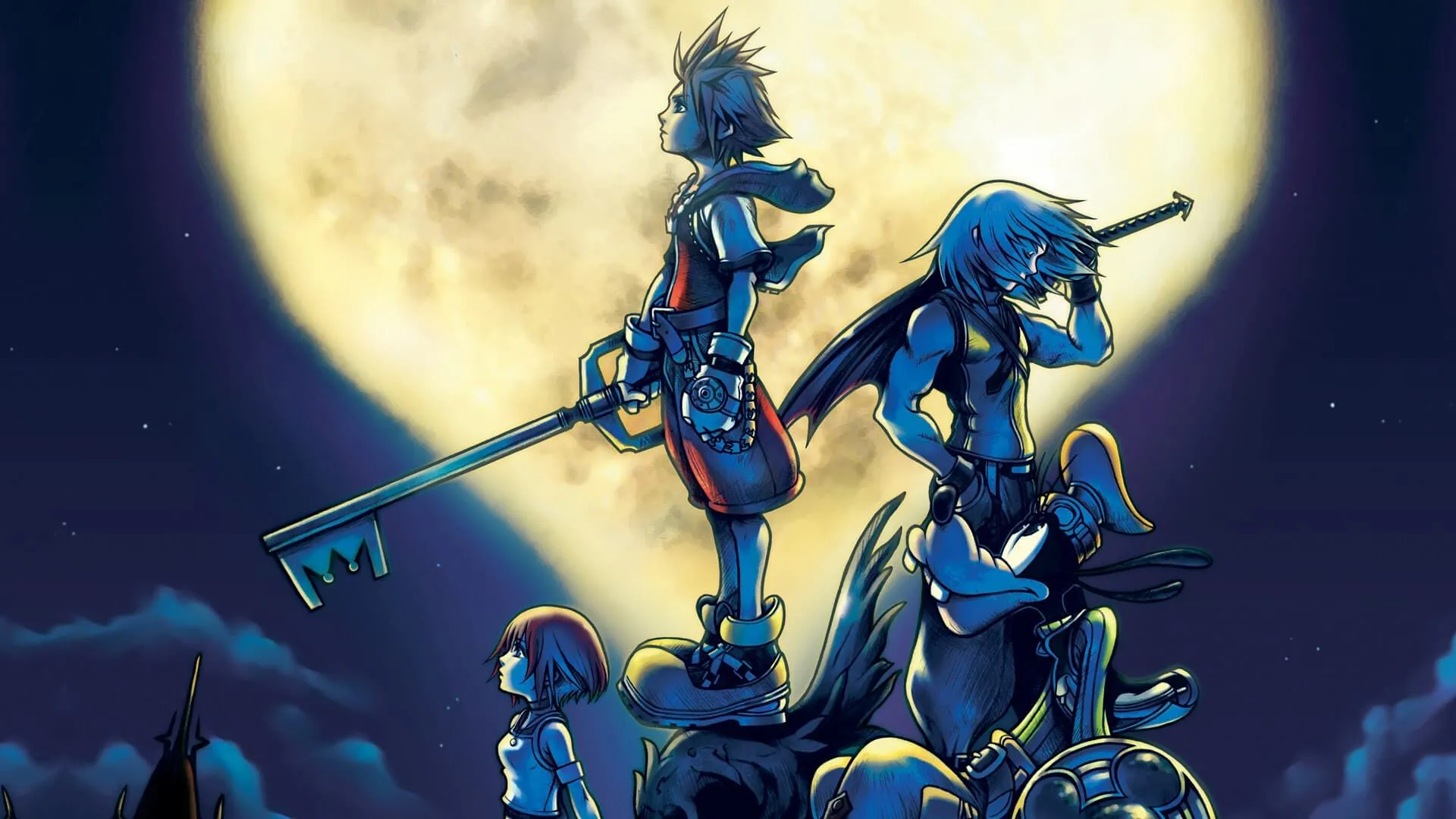 Các nhân vật Sora, Riku, Kairi và Goofy trên bìa đĩa Kingdom Hearts gốc, minh họa sự đa dạng nhân vật và cốt truyện mở rộng của series game JRPG này)
