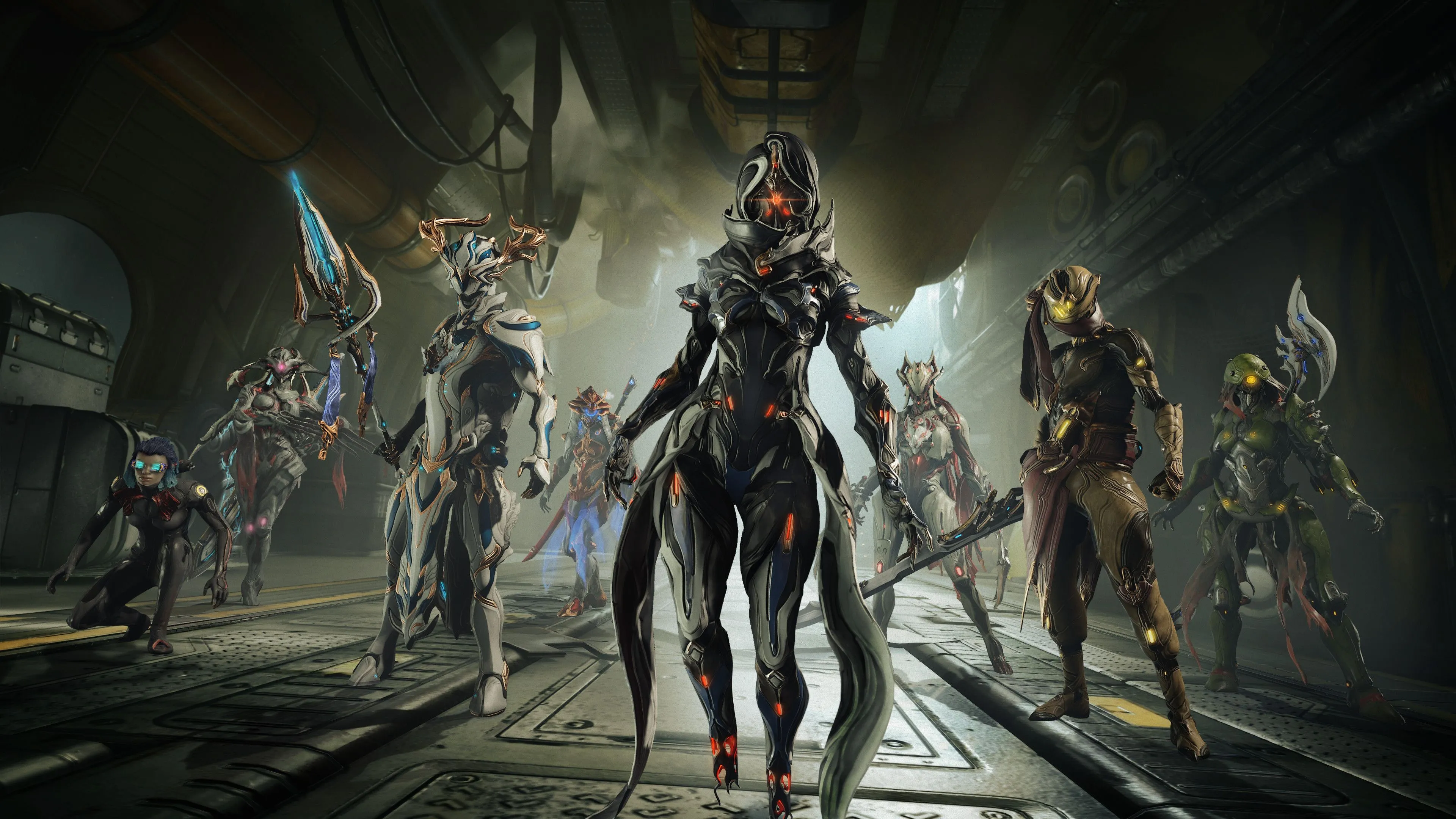 Các nhân vật trong game Warframe đứng cạnh nhau thể hiện nội dung game lớn