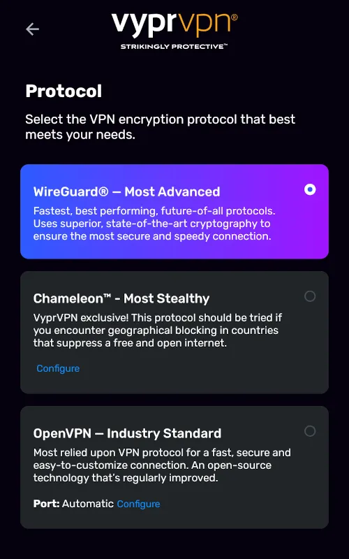 Các tùy chọn giao thức VPN có sẵn trong ứng dụng VyprVPN, bao gồm WireGuard và Chameleon.