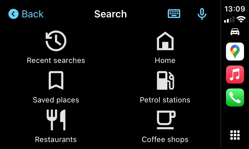 Các tùy chọn tìm kiếm trong Google Maps trên CarPlay