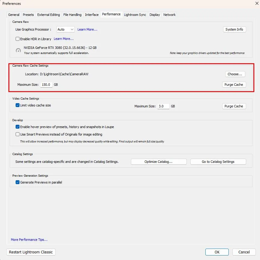 Cài đặt Adobe Lightroom Classic hiển thị tùy chọn tăng kích thước bộ nhớ đệm Camera RAW để cải thiện tốc độ xử lý ảnh