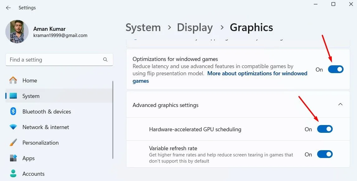 Cài đặt đồ họa (Graphics) trong ứng dụng Settings của Windows 11 hiển thị tùy chọn &quot;Optimization for Windowed Games&quot; và &quot;Variable Refresh Rate&quot;