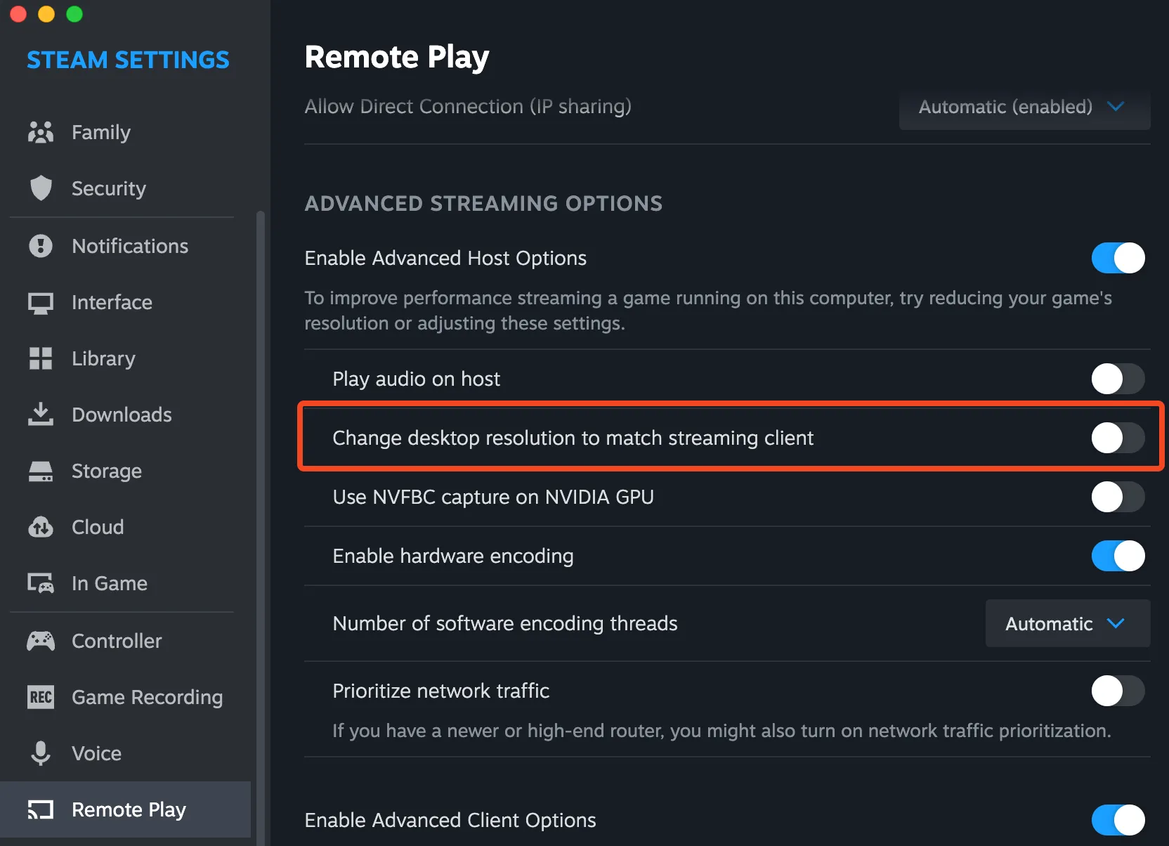 Cài đặt Remote Play nâng cao hiển thị tùy chọn thay đổi độ phân giải màn hình.
