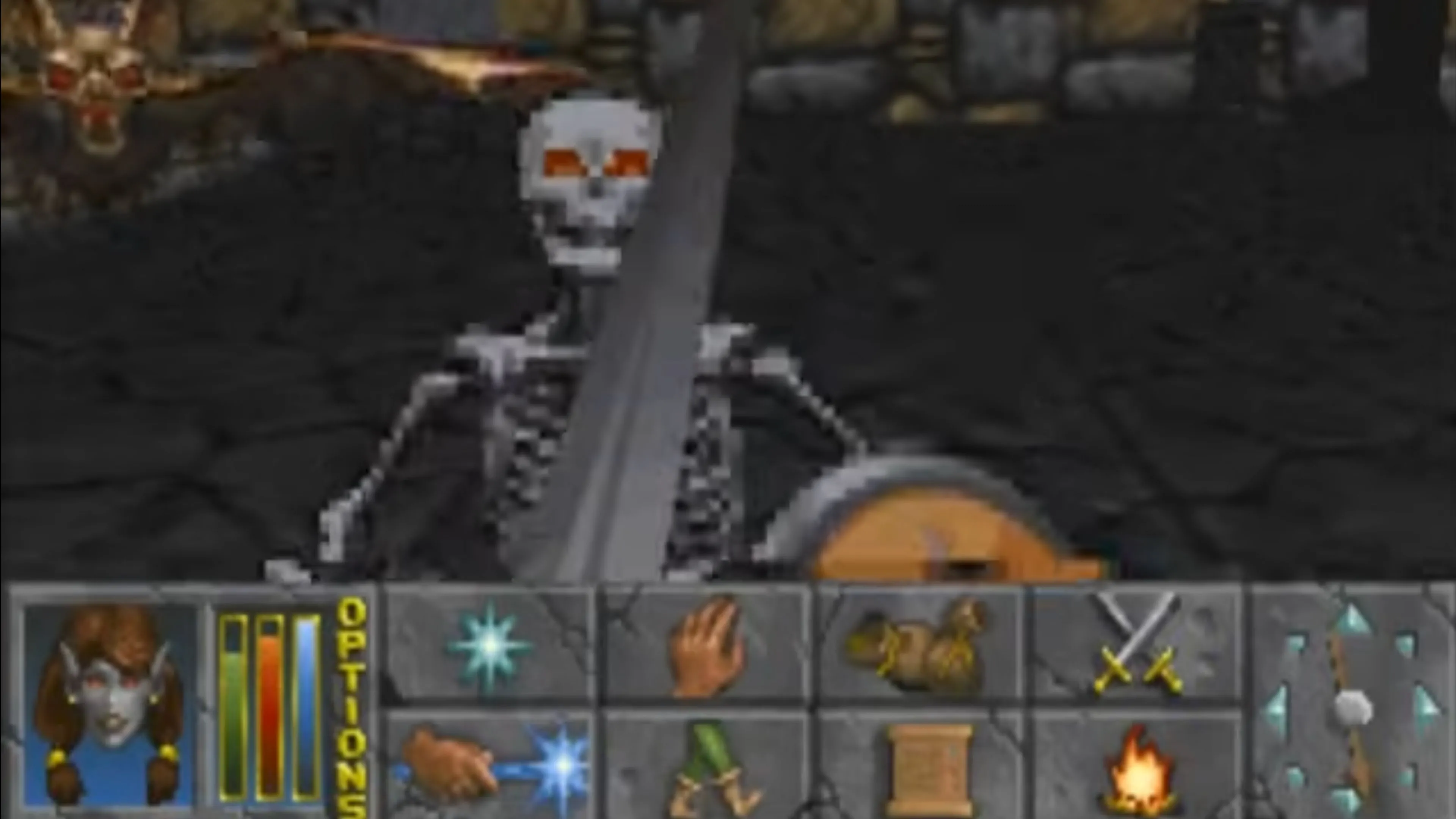 Cận cảnh nhân vật người chơi với trang bị trong The Elder Scrolls II: Daggerfall, thể hiện chi tiết đồ họa cổ điển.