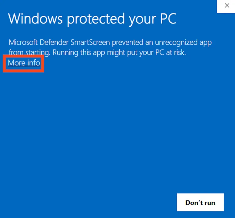 Cảnh báo ứng dụng không xác định của Windows Defender.