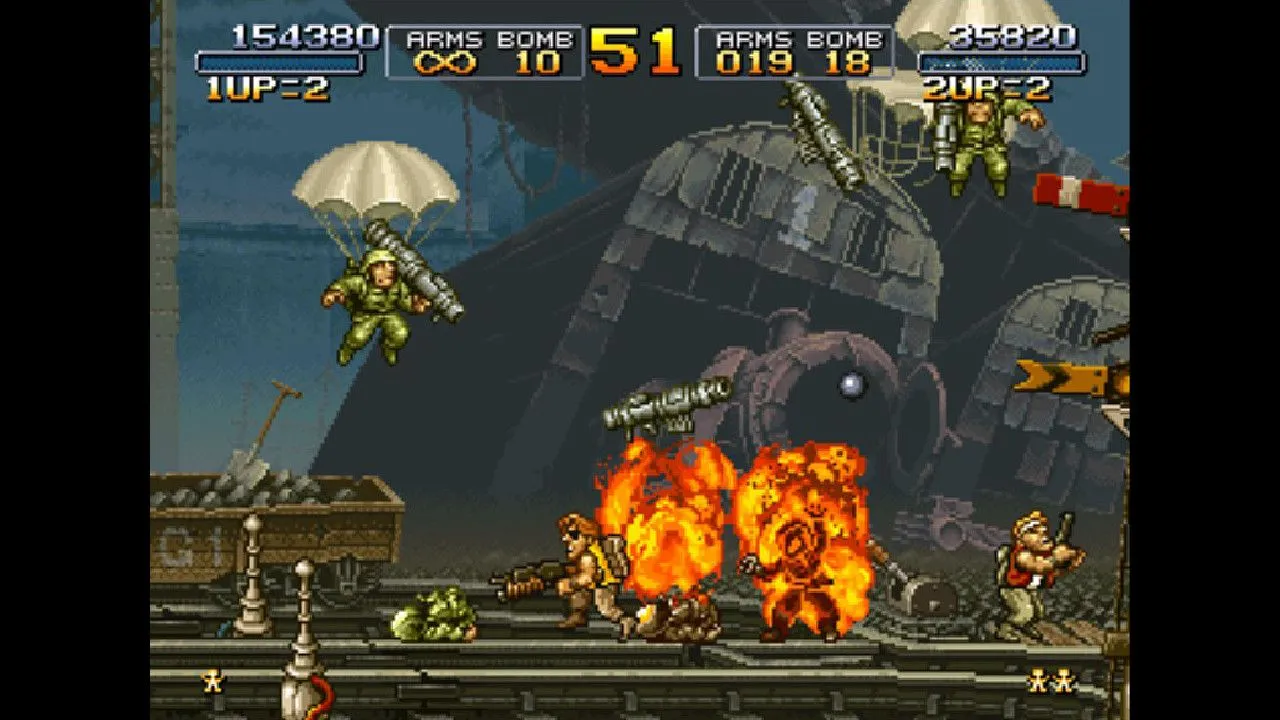 Cảnh cháy nổ và nhân vật bắn súng trong game Metal Slug, thể hiện đồ họa pixel art chi tiết