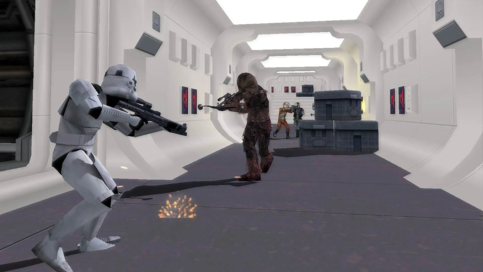 Cảnh chiến đấu trong game Star Wars Battlefront II giữa binh lính Đế chế và chiến binh Wookiee