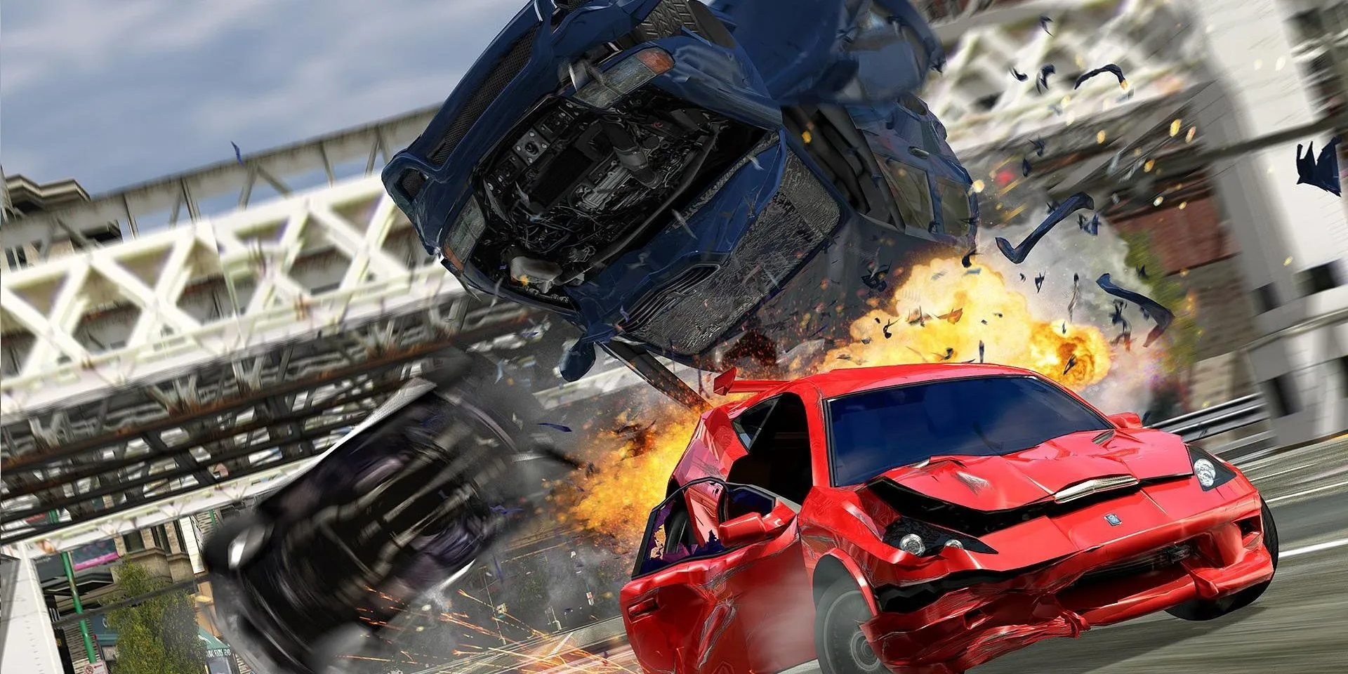 Cảnh đua xe kịch tính trong Burnout 3 Takedown với hiệu ứng khói và ánh sáng