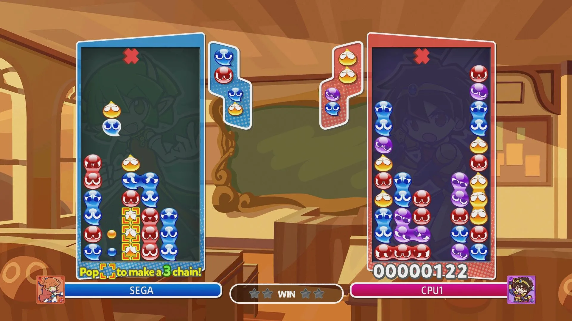 Cảnh gameplay rực rỡ từ Puyo Puyo Champions, minh họa lối chơi giải đố xếp khối với các khối puyo màu sắc đang rơi.