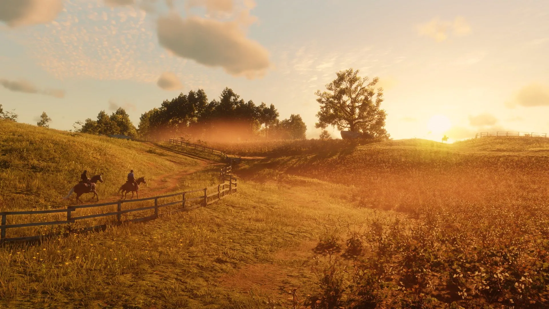 Cảnh hai cao bồi cưỡi ngựa trên cánh đồng rộng lớn trong Red Dead Redemption 2, thể hiện đồ họa tuyệt đẹp của game trên PS4.