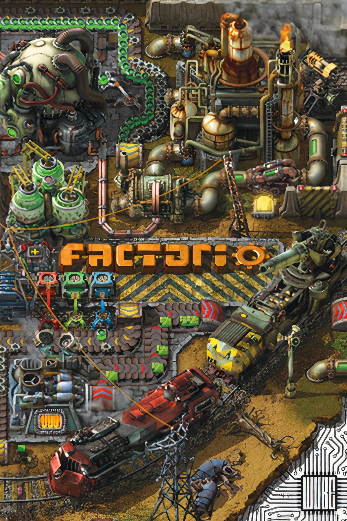 Cảnh quan nhà máy tự động hóa phức tạp trong Factorio, với các băng chuyền và cánh tay robot vận chuyển tài nguyên.