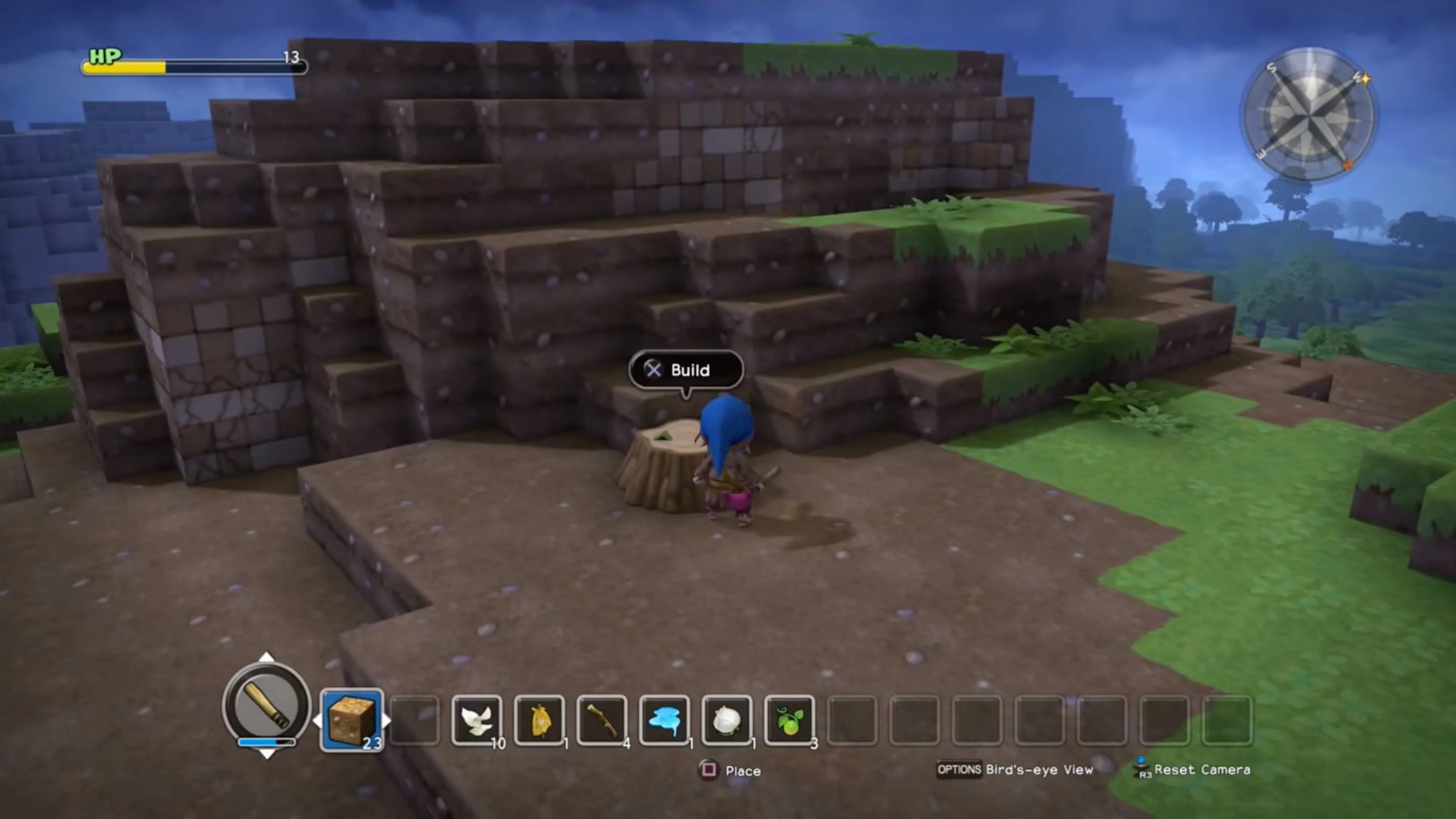 Cảnh quan thế giới Dragon Quest Builders với các công trình kiến trúc và tài nguyên để thu thập.