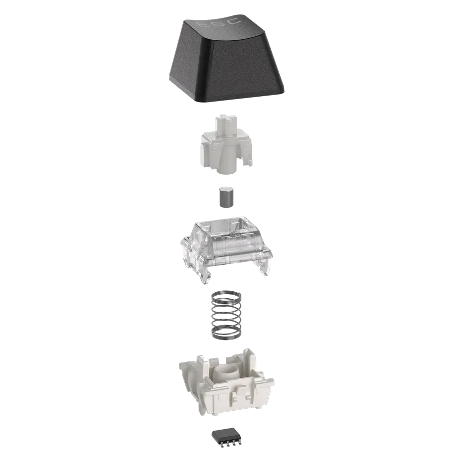 Cấu tạo bên trong của một switch bàn phím Hall Effect, hiển thị nam châm và cảm biến.