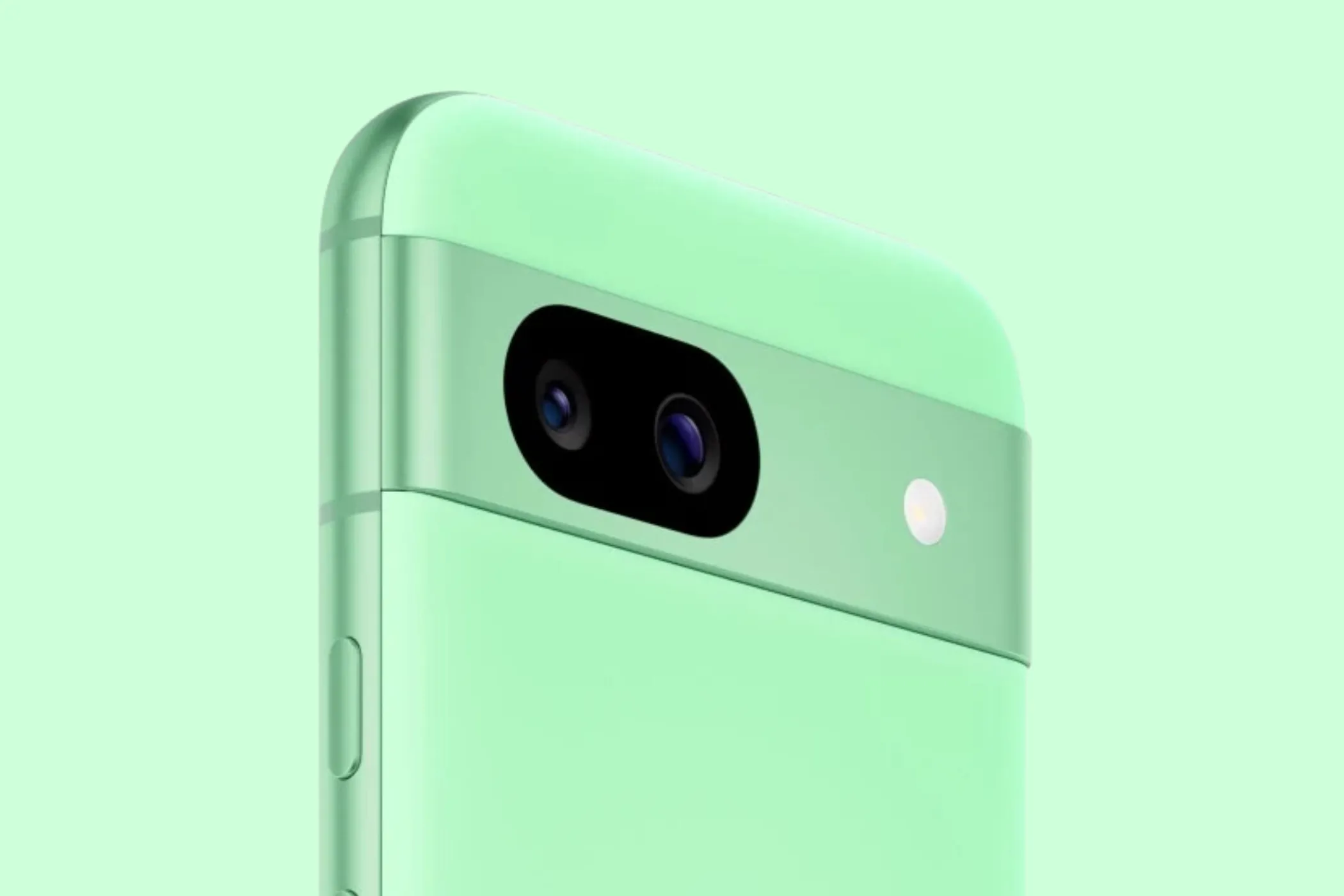 Chi tiết cụm camera kép trên Google Pixel 8a với tông màu xanh Aloe đặc trưng